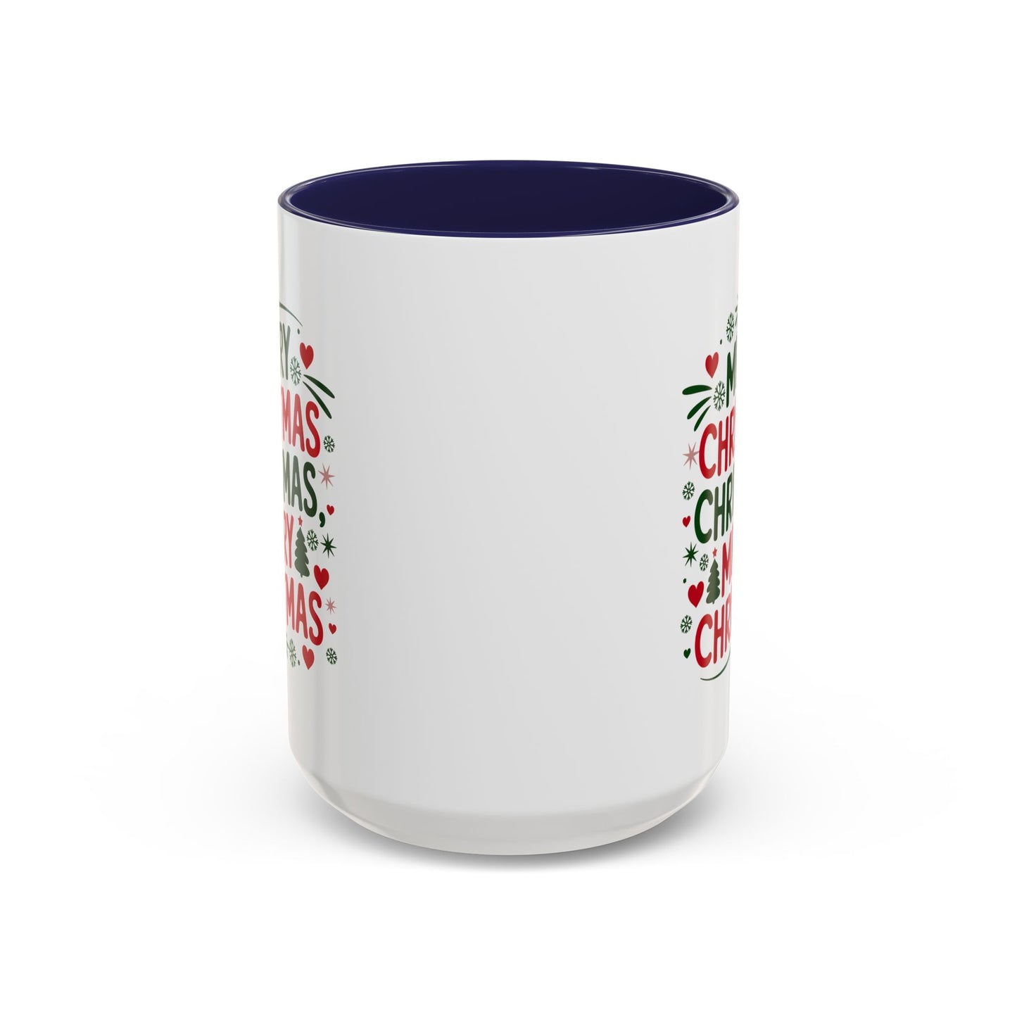 Christmas Mug - Merry Christmas Green & Red Text Trees Hearts Snowflakes Stars