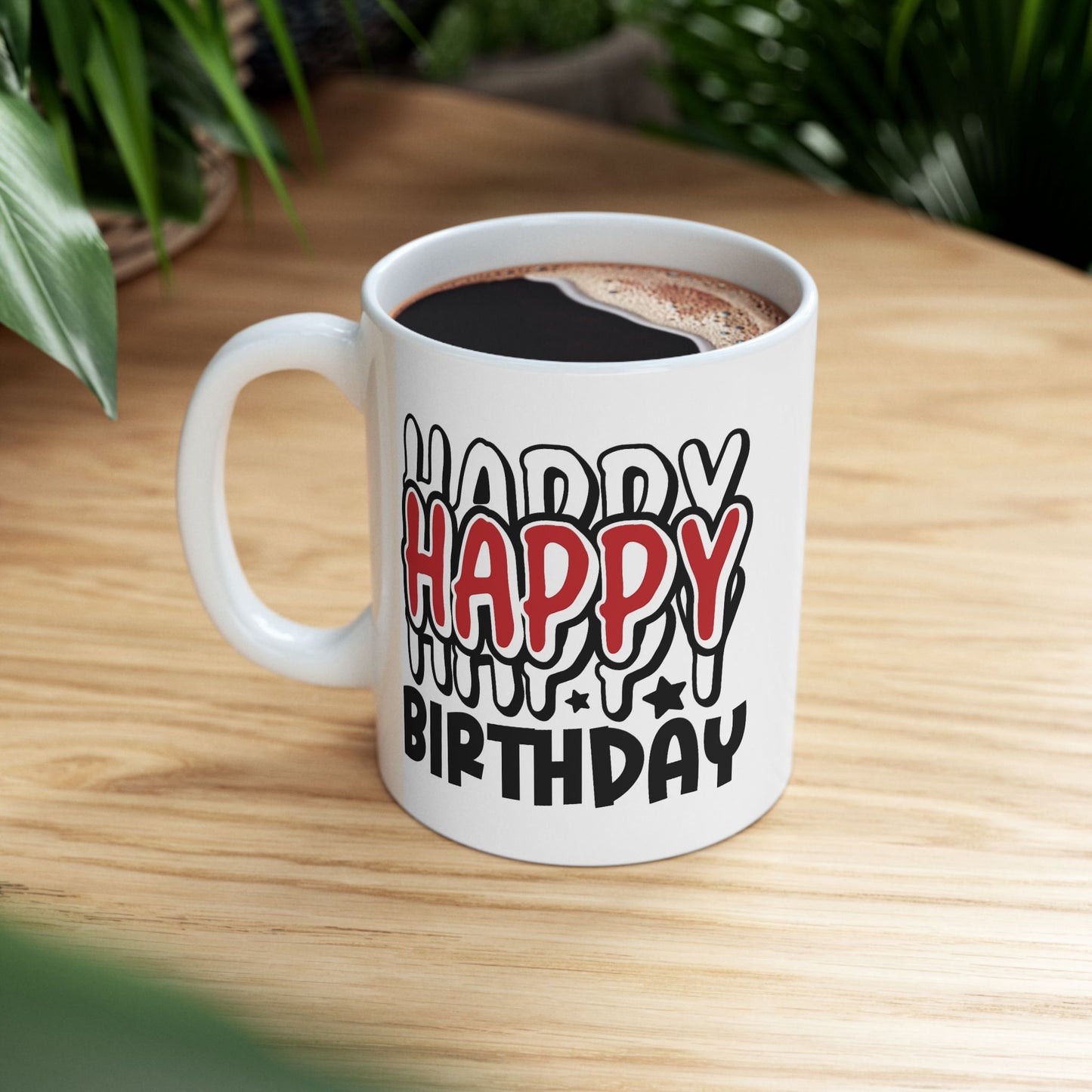 Birthday Mug - Happy Birthday Red White & Black Text