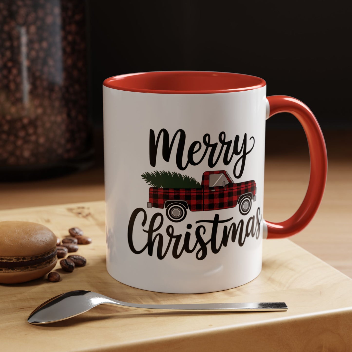 Christmas Mug - Merry Christmas Black Text Tartan Truck