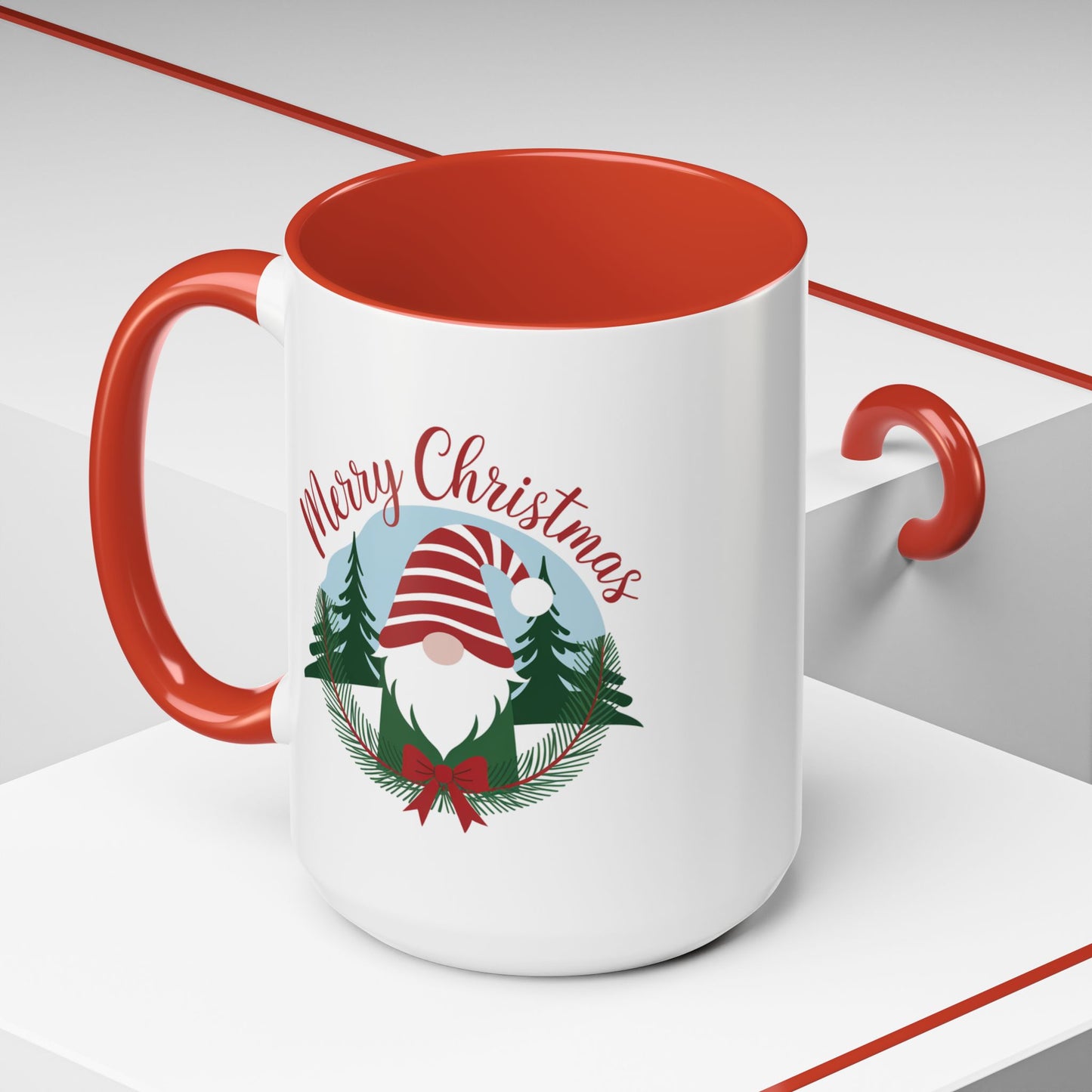 Christmas Mug - Merry Christmas Red Text Gnome Bow Tree