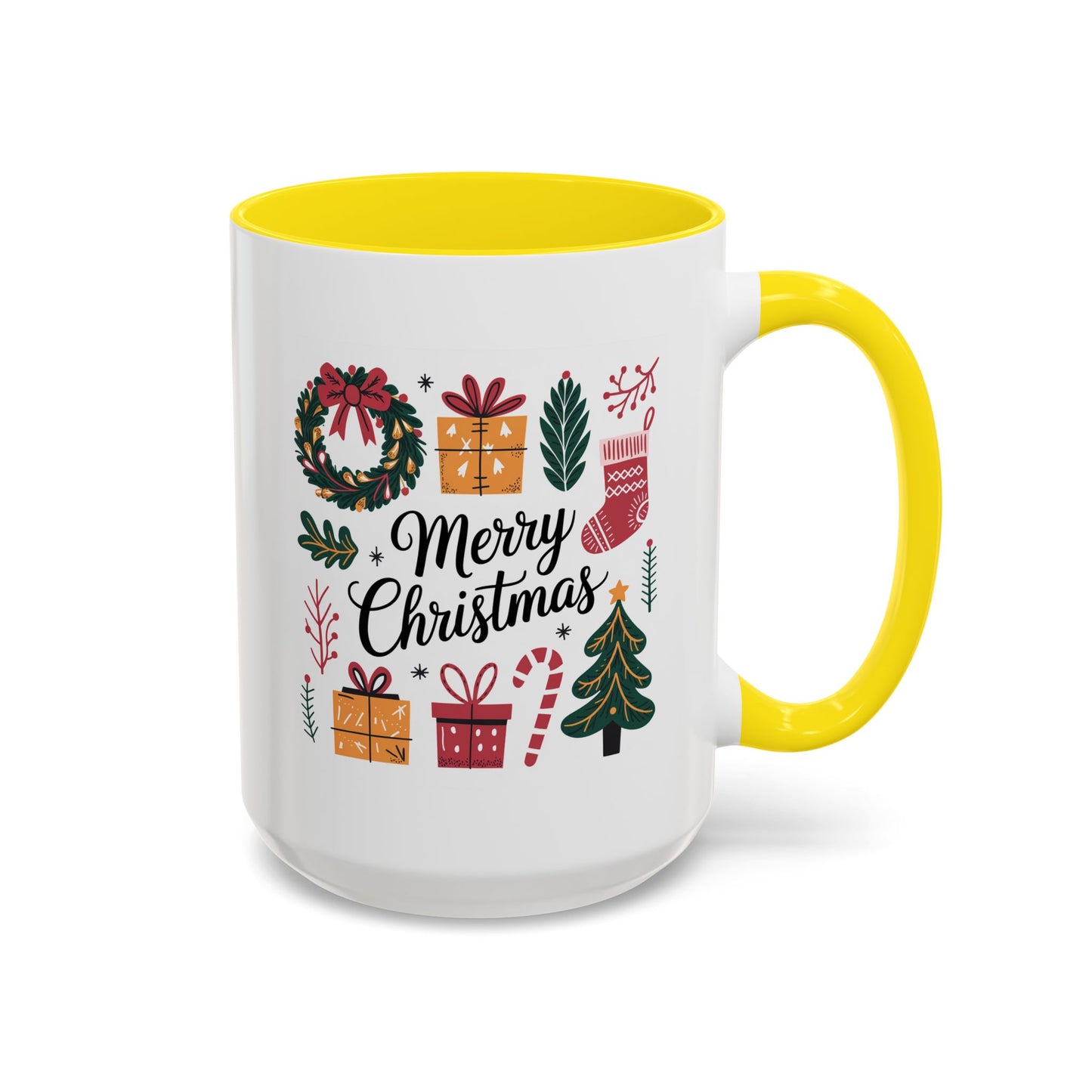 Christmas Mug - Merry Christmas Green Text Presents Tree Candy Cane