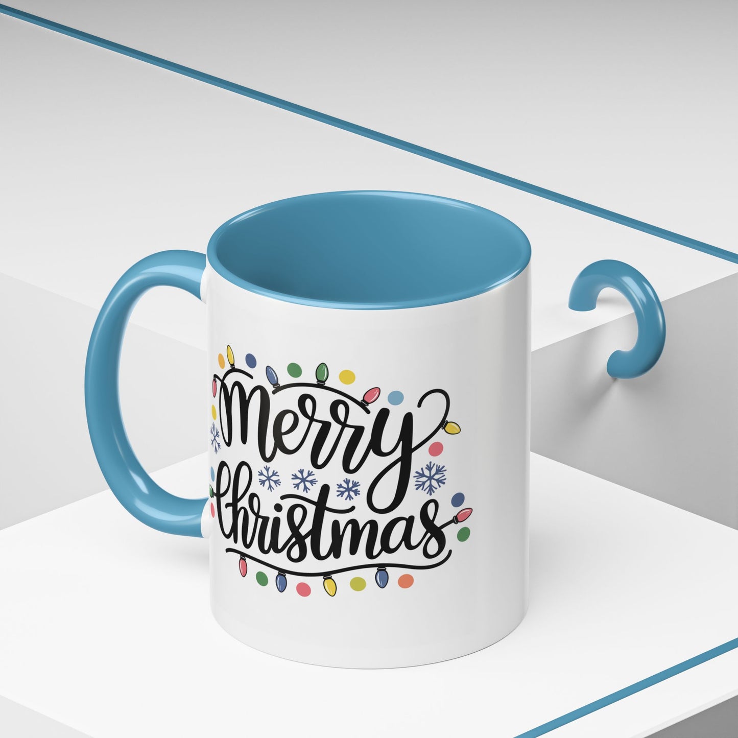 Christmas Mug - Merry Christmas Black Text Colored Lights