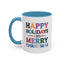 Christmas Mug - Happy Holidays and Merry Christmas Blue Yellow Purple Orange Red Text