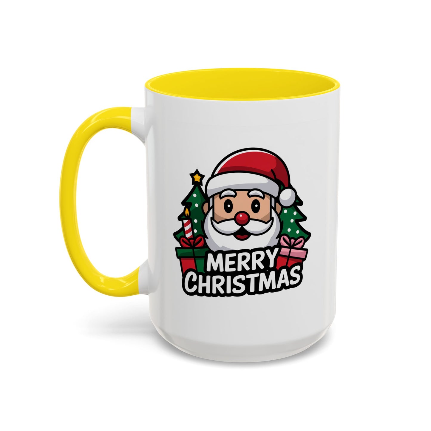 Christmas Mug - Merry Christmas White & Black Text Santa Trees Presents
