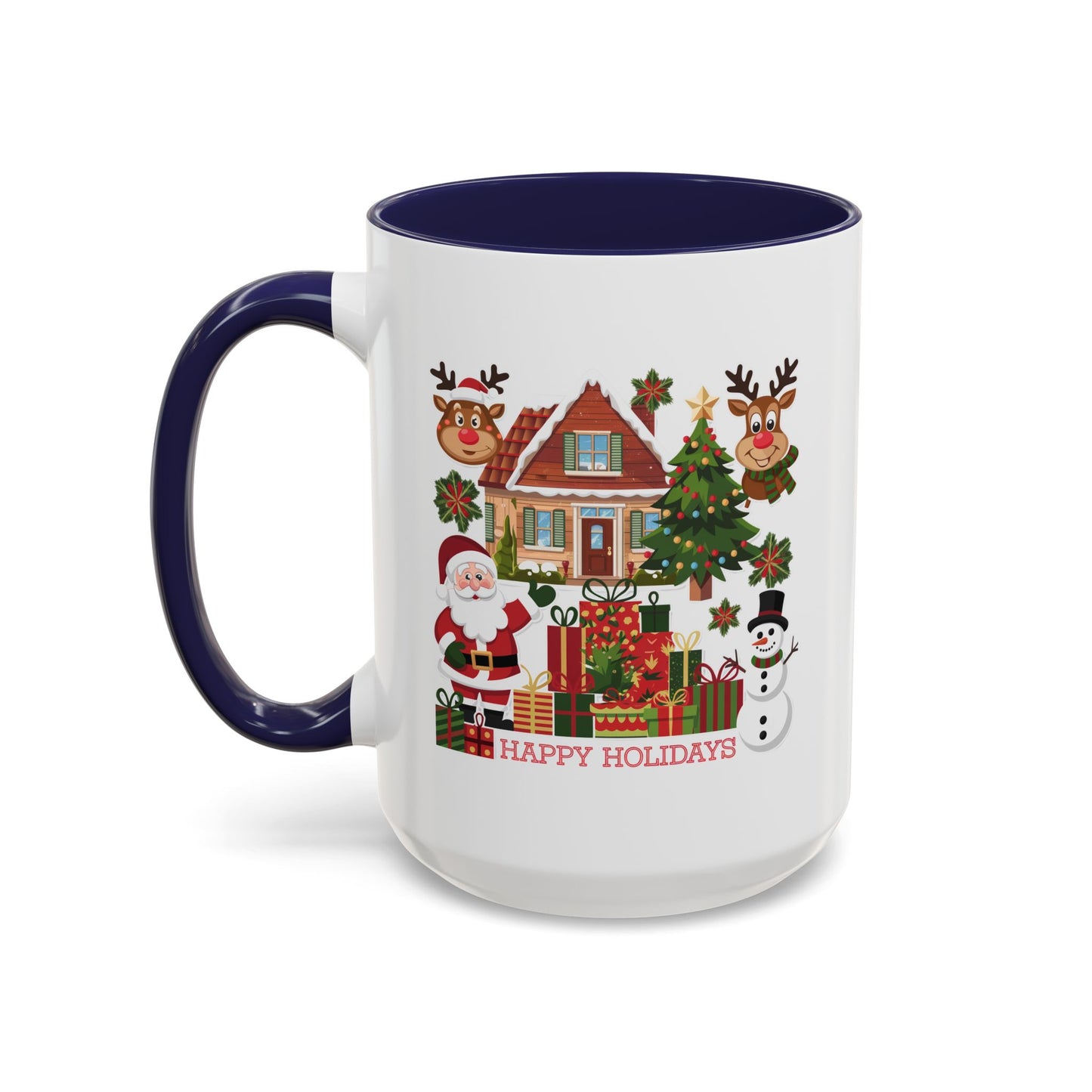 Christmas Mug - Happy Holidays Red Text Reindeer Santa Snowman Presents