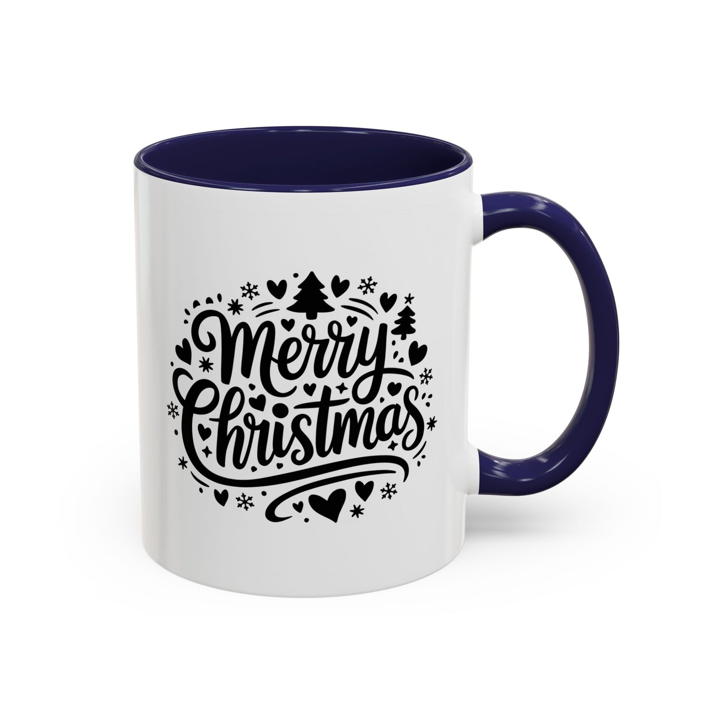 Christmas Mug - Merry Christmas Black Text Trees Snowflakes Hearts