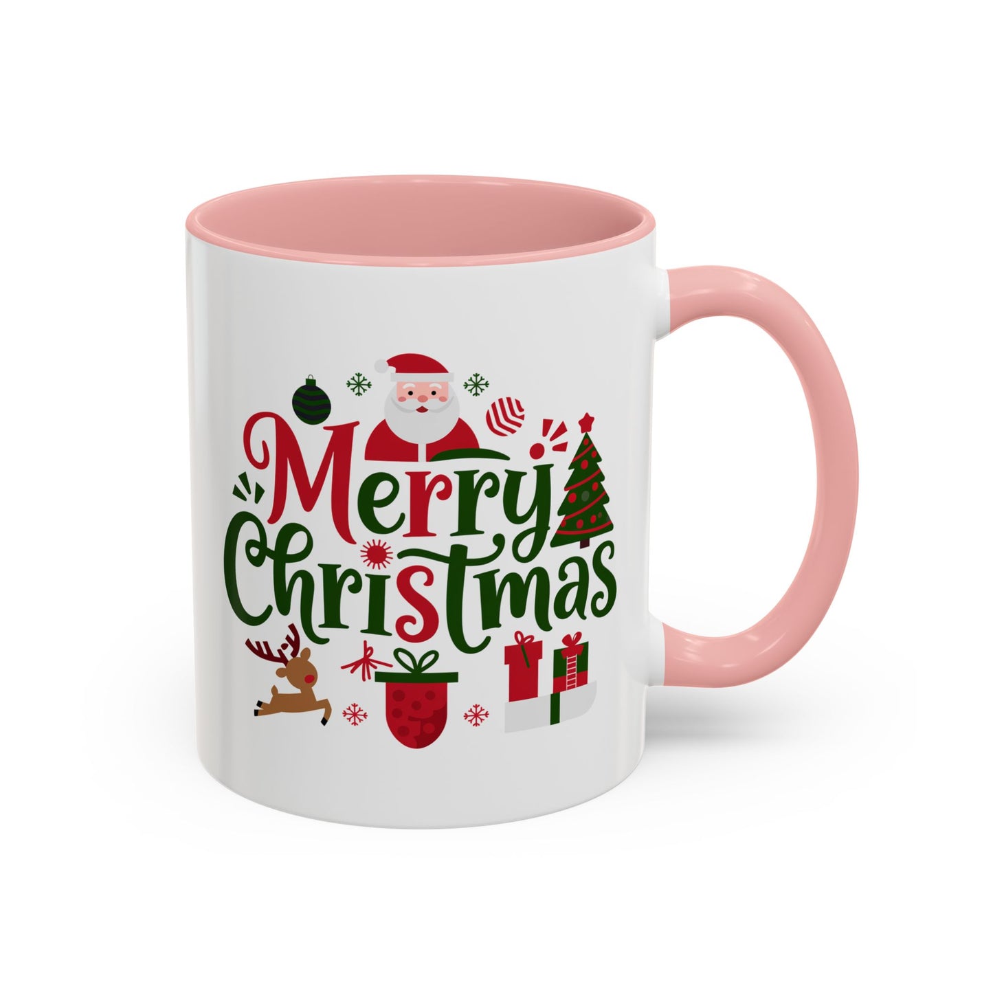 Christmas Mug - Merry Christmas Red & Green Text Santa Reindeer Tree Sleigh Ornaments