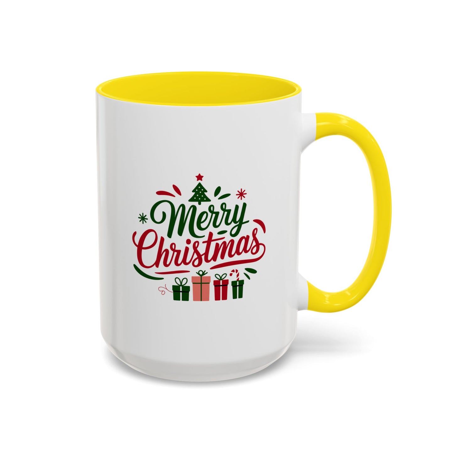 Christmas Mug - Merry Christmas Green & Red Text Tree Snowflakes Presents