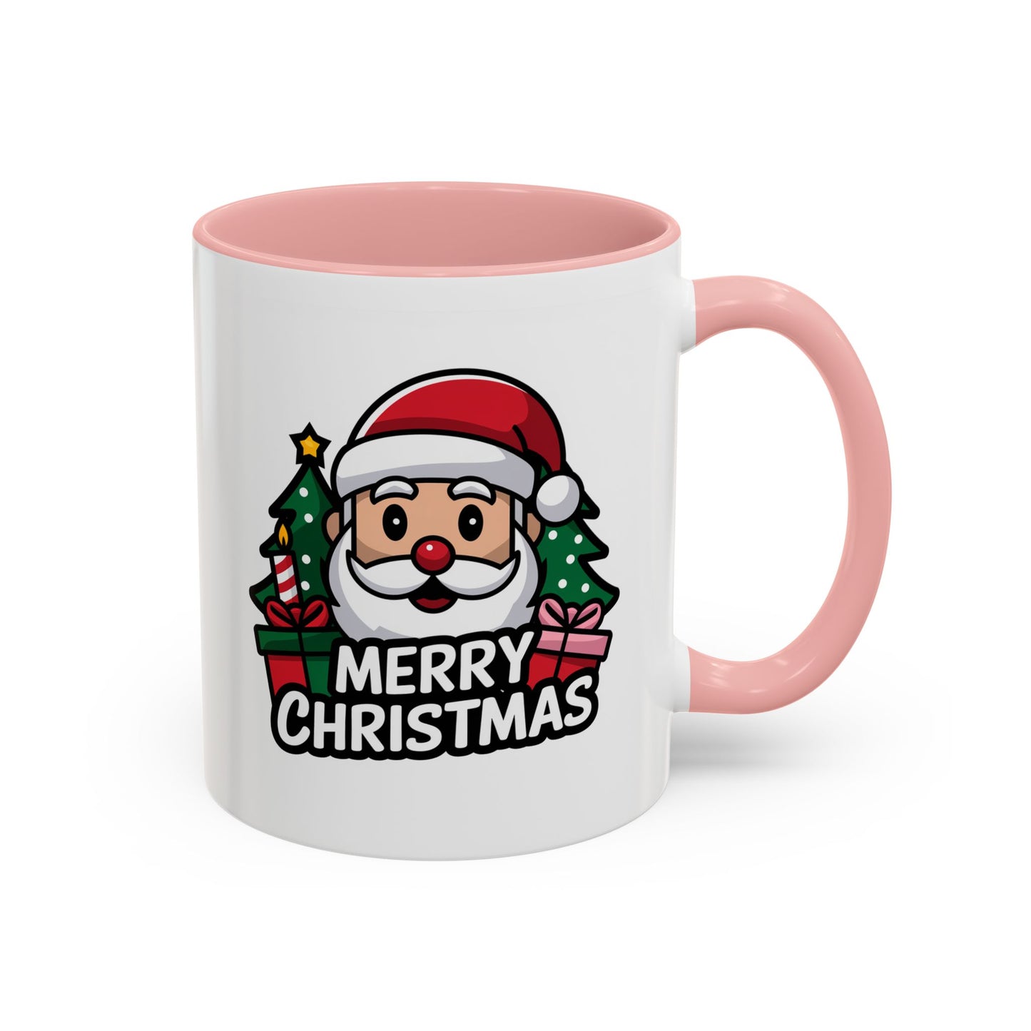 Christmas Mug - Merry Christmas White & Black Text Santa Trees Presents