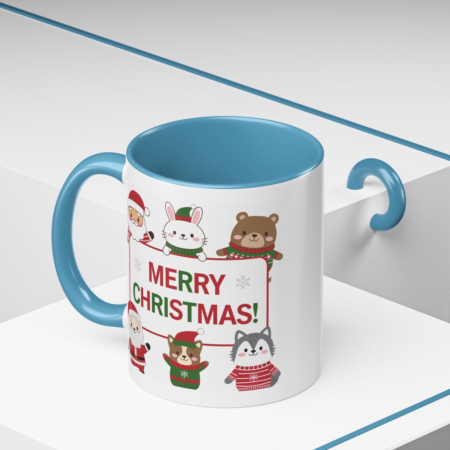 Christmas Mug - Merry Christmas Red & Green Text Santa Cute Animals