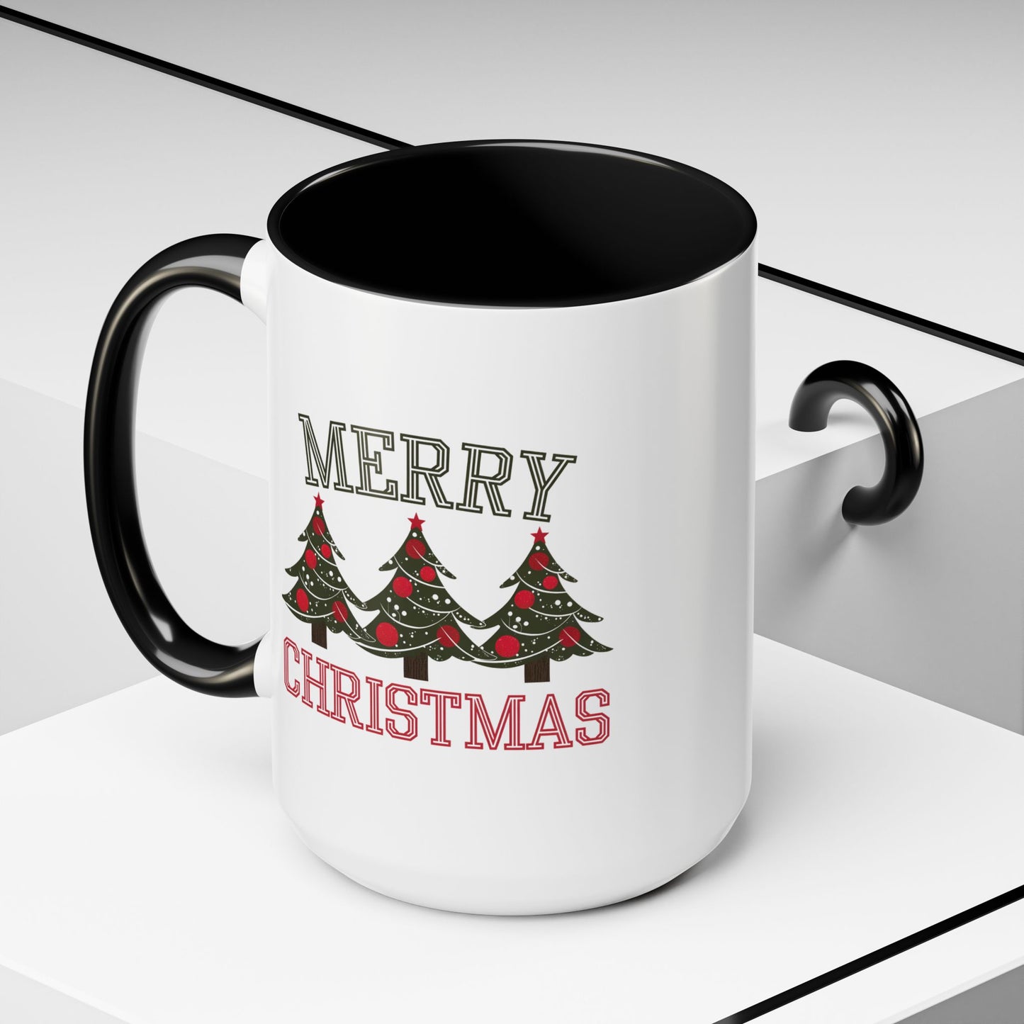 Christmas Mug - Merry Christmas Green & Red Text Decorative Trees