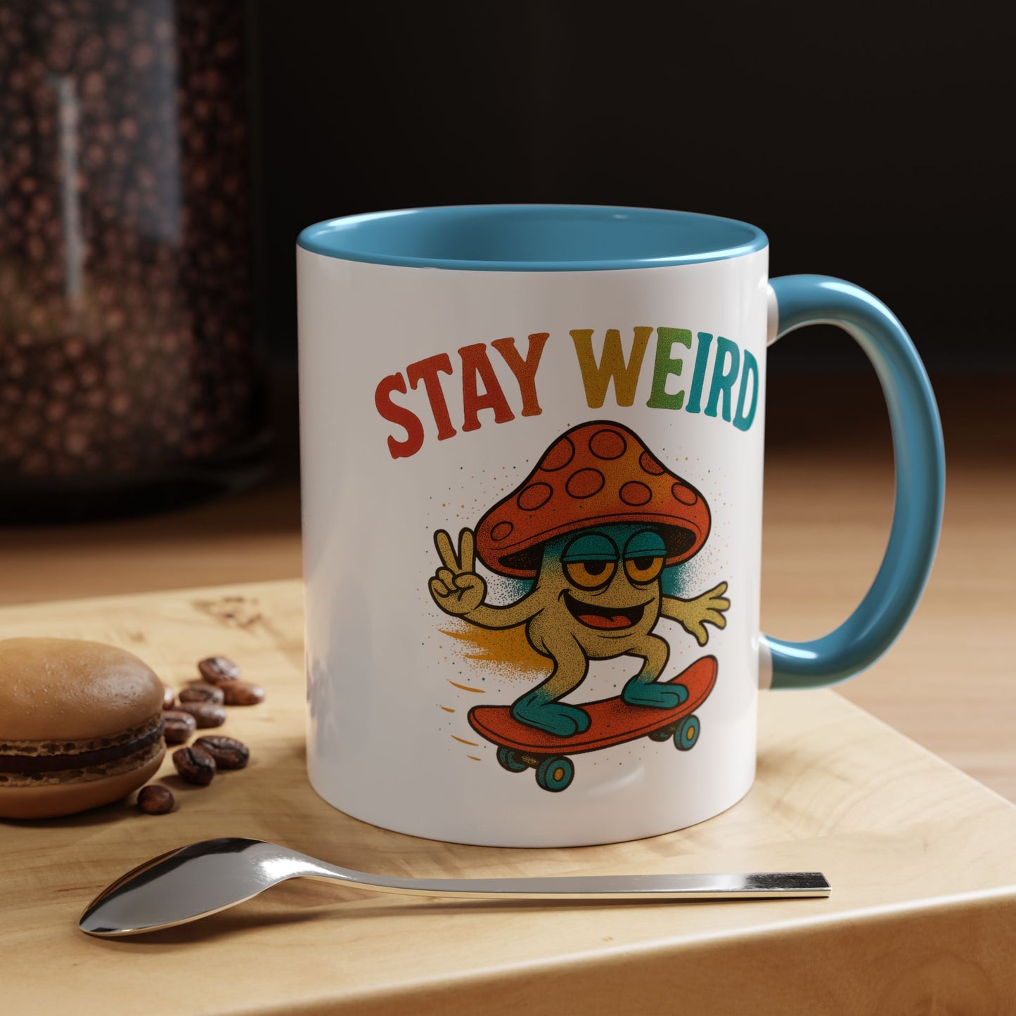 Humor Mug - Stay Weird Mushroom Skateboard