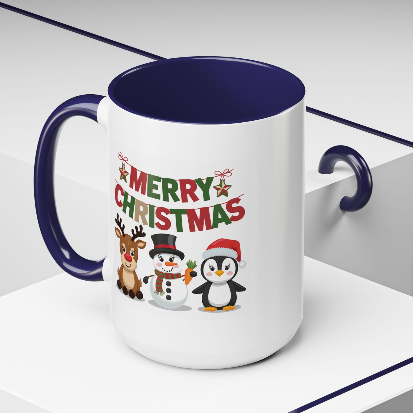 Christmas Mug - Red Green & Gold Text Reindeer Snowman Penguin