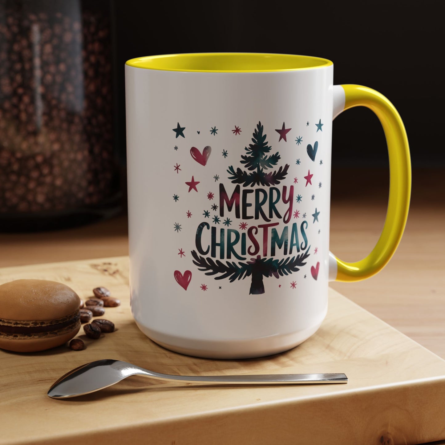 Christmas Mug - Merry Christmas Maroon & Blue Text Tree Hearts Stars