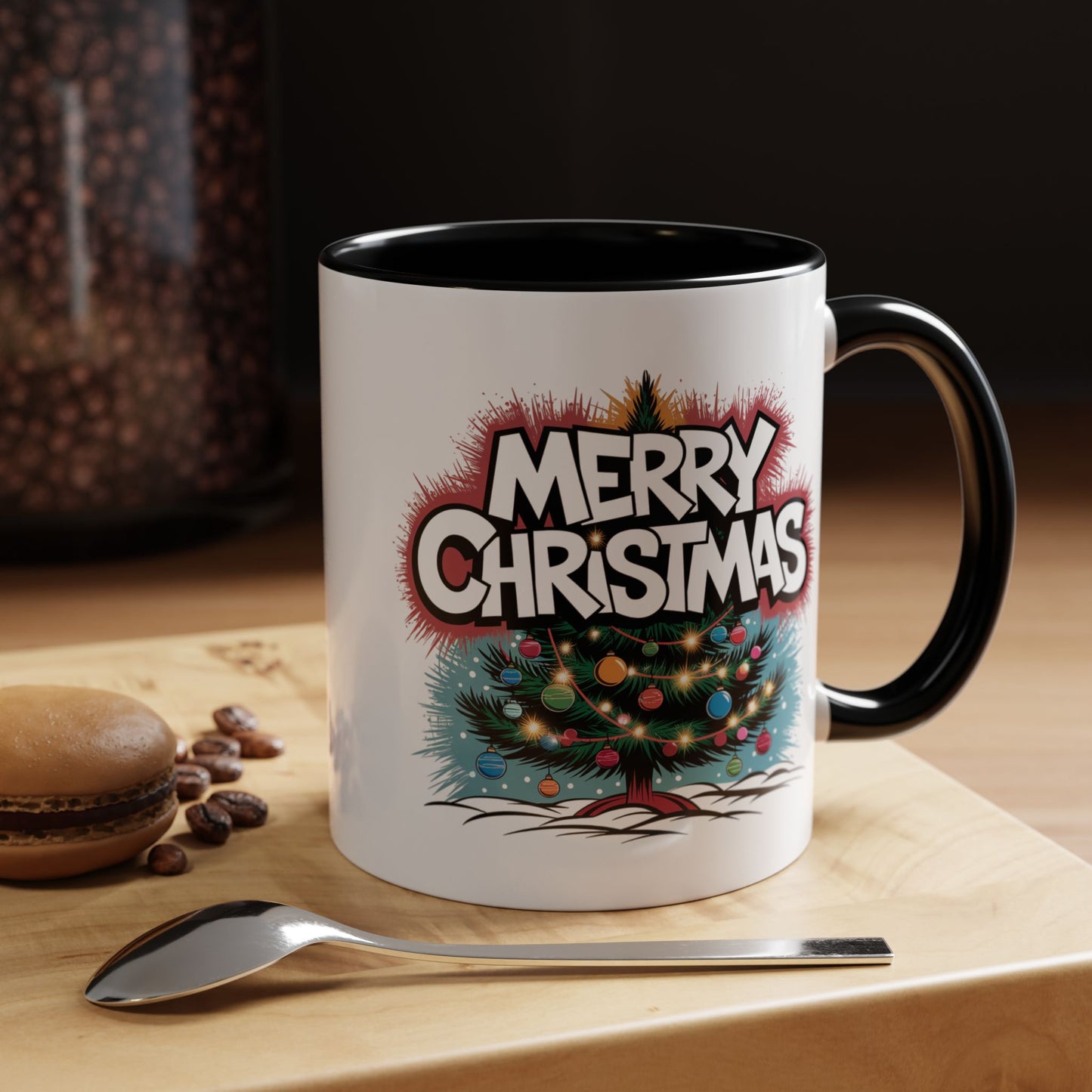 Christmas Mug - Merry Christmas White & Red Text Tree Lights
