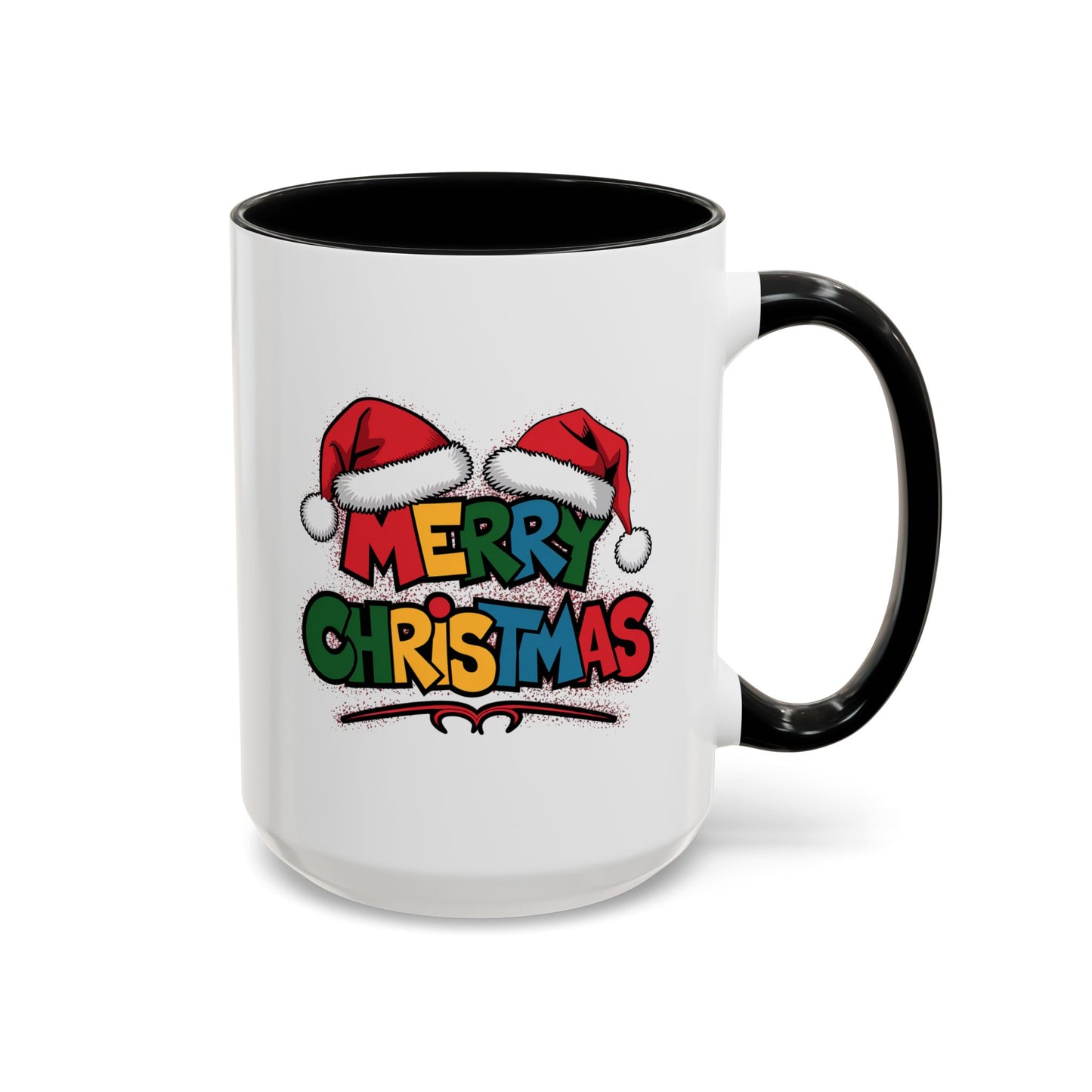 Christmas Mug - Merry Christmas Red Yellow & Blue Text Red Hats