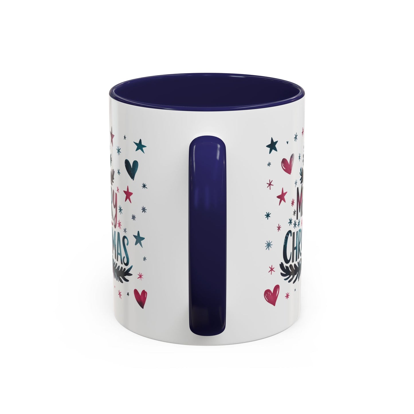Christmas Mug - Merry Christmas Maroon & Blue Text Tree Hearts Stars