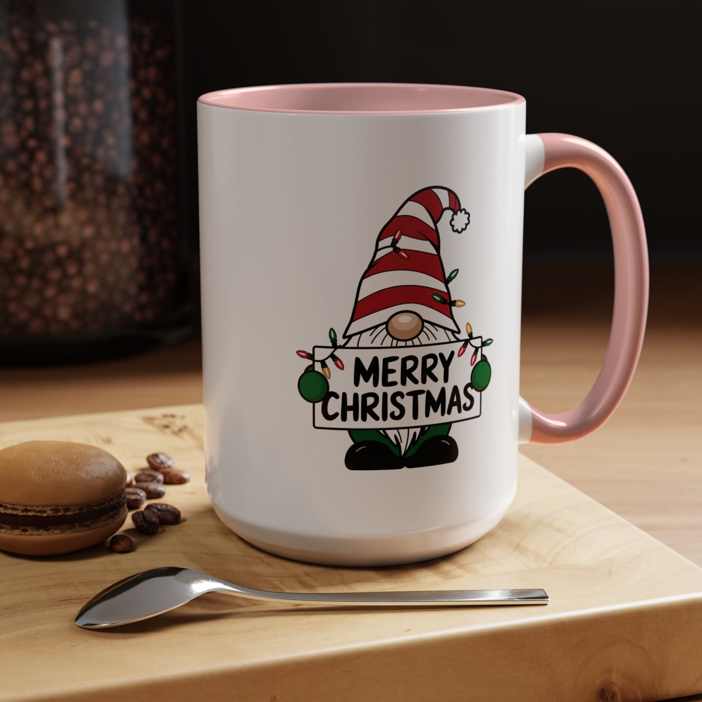 Christmas Mug - Merry Christmas Black Text Gnome Lights