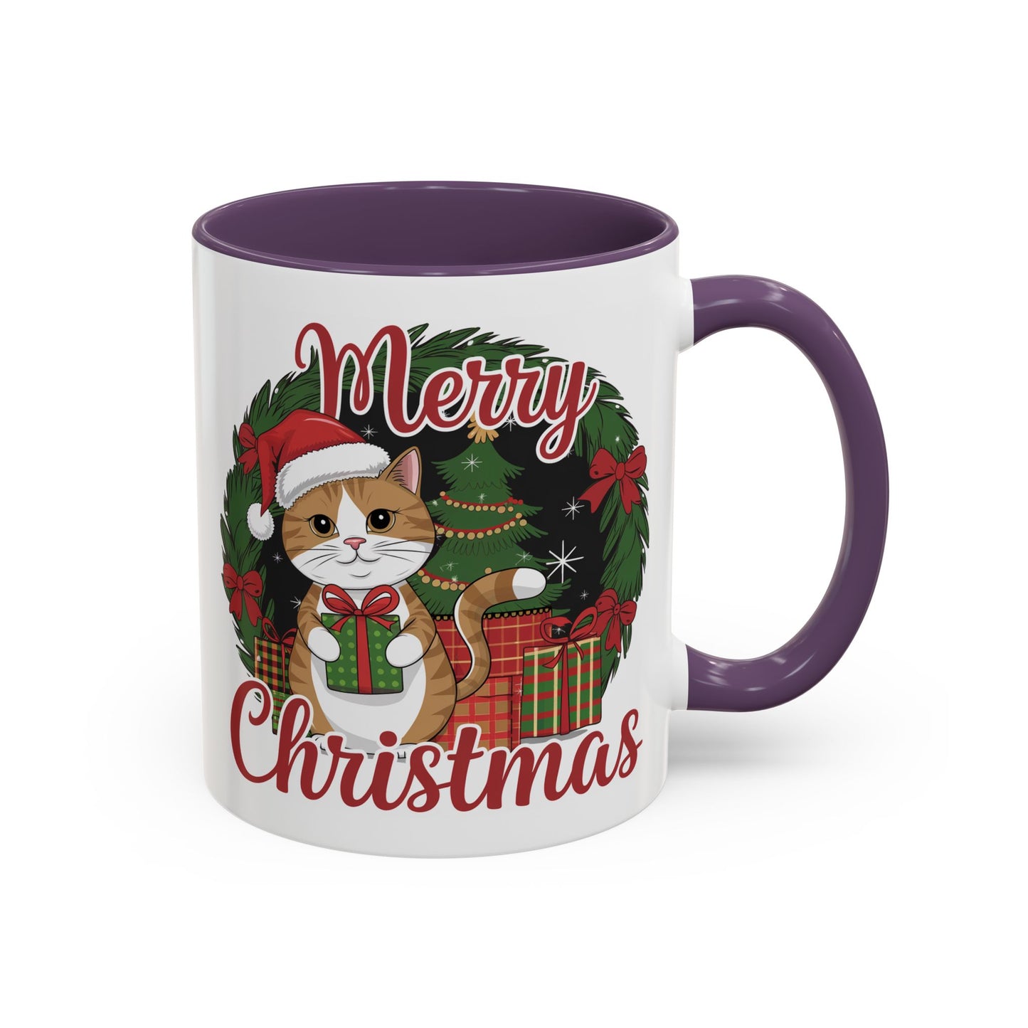 Christmas Mug - Merry Christmas Red Text Cat Presents Wreath