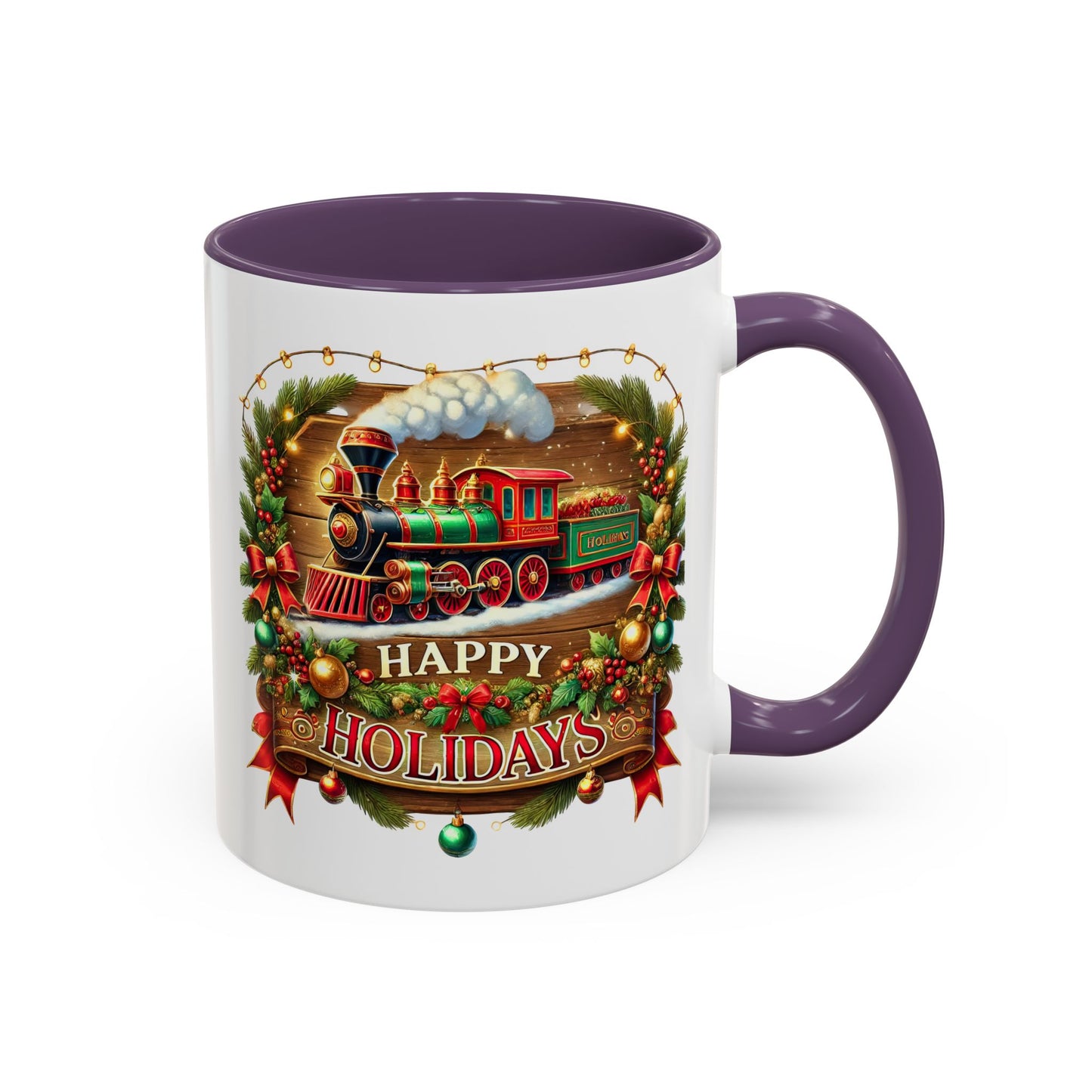 Christmas Mug - Happy Holidays White & Red Text Steam Locomotive