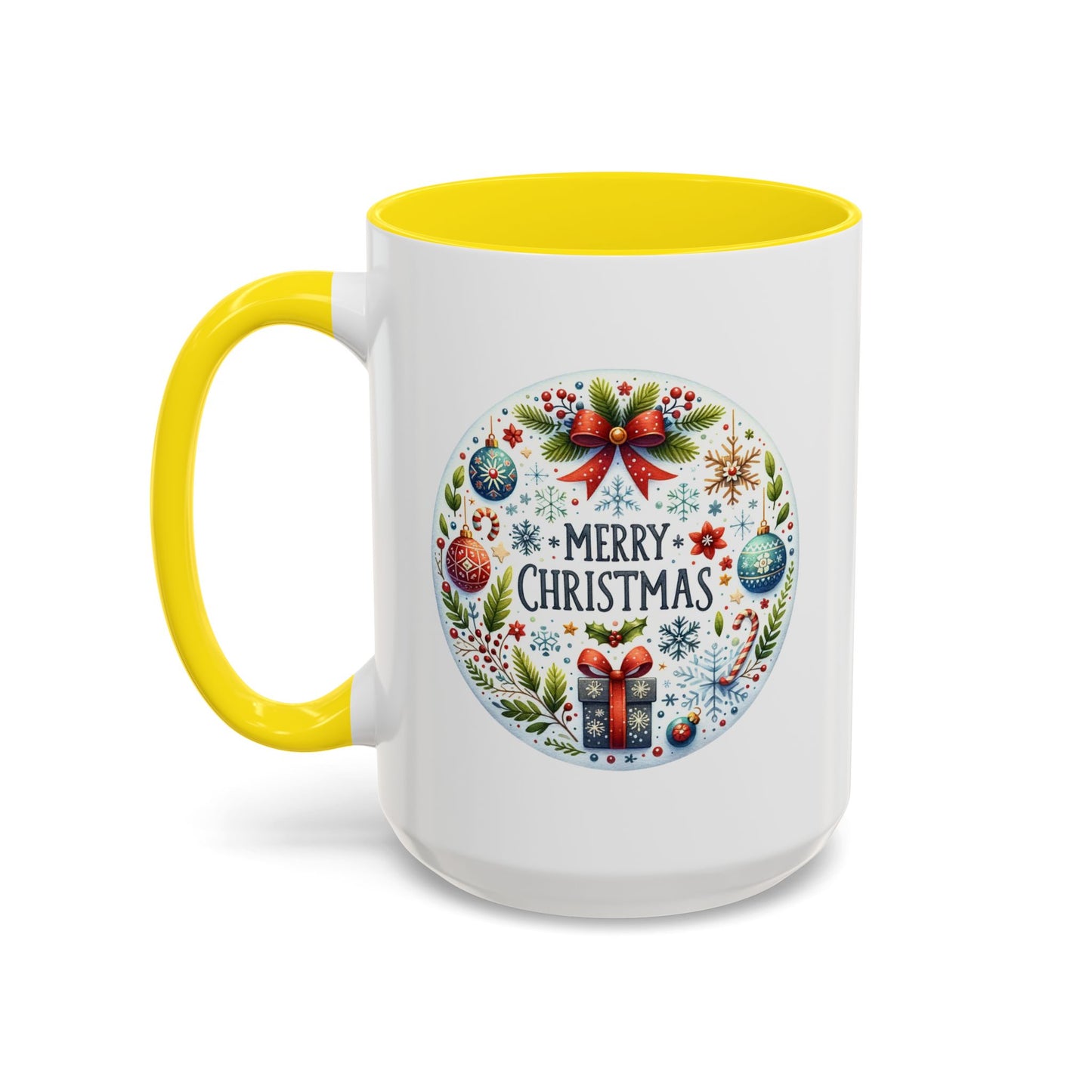 Christmas Mug - Merry Christmas Blue Text Bow Present Ornaments