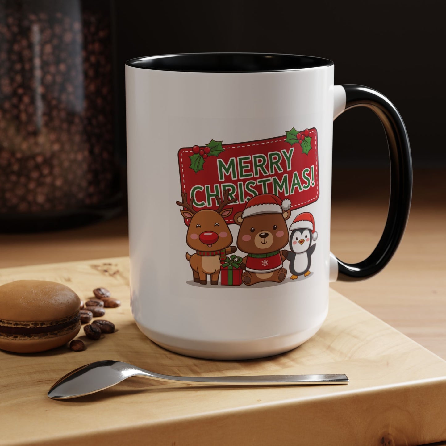 Christmas Mug - Green Text Red Banner Reindeer Bear Penguin