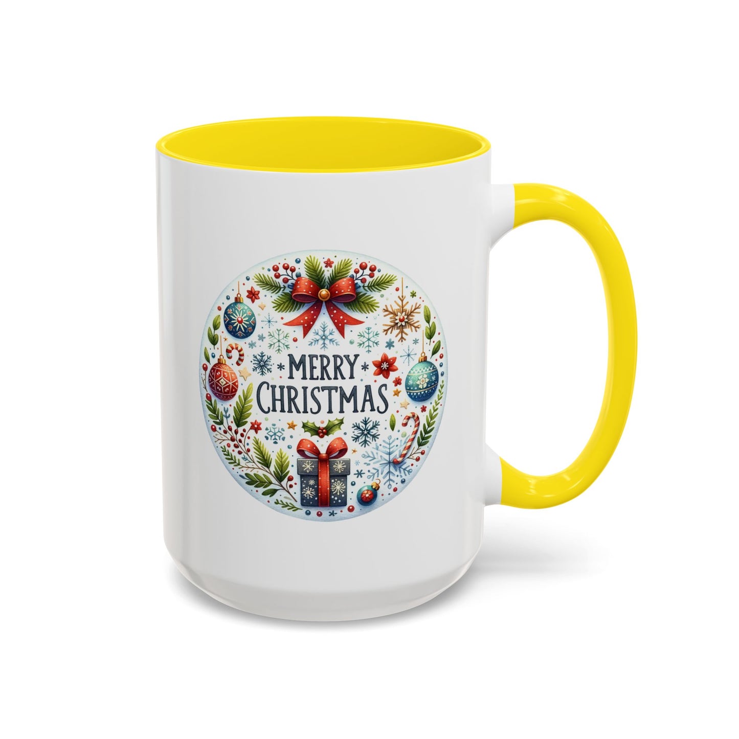 Christmas Mug - Merry Christmas Blue Text Bow Present Ornaments