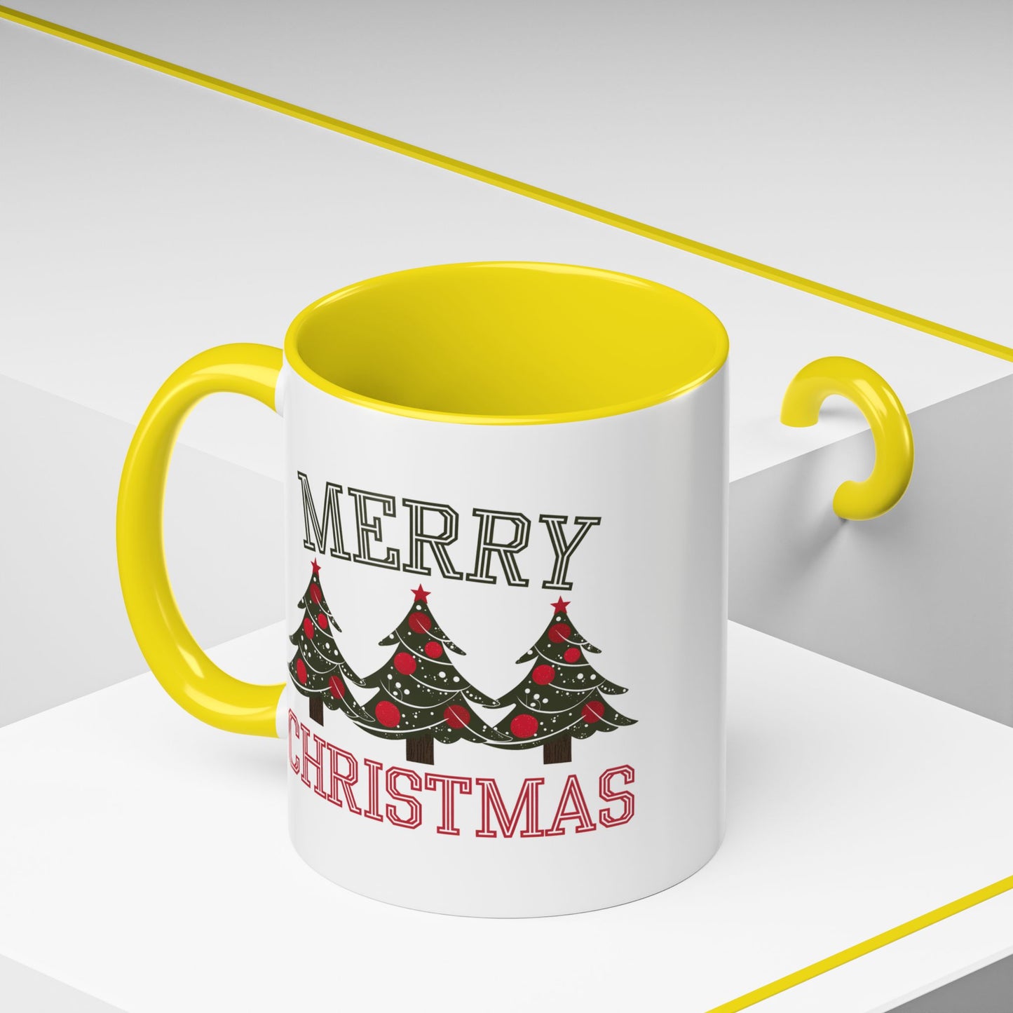 Christmas Mug - Merry Christmas Green & Red Text Decorative Trees