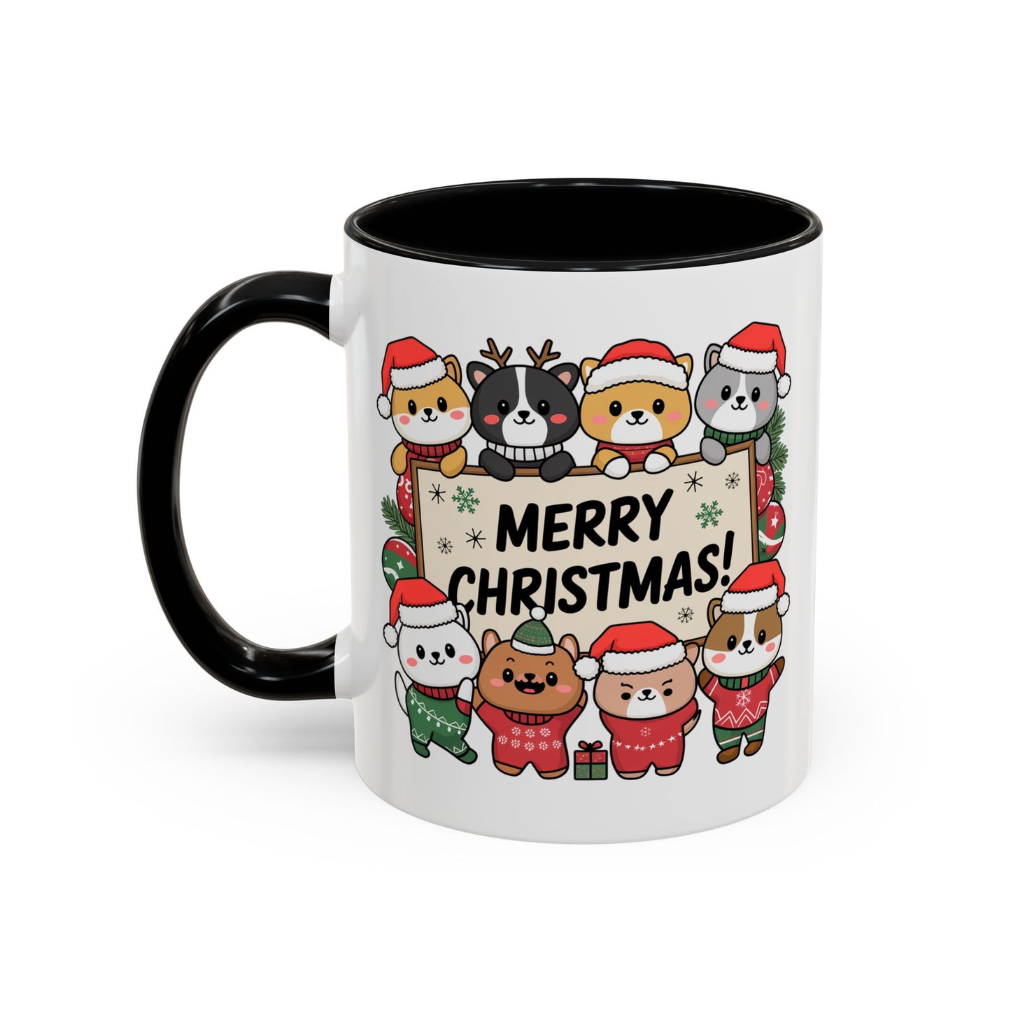 Christmas Mug - Merry Christmas Black Text Cute Animals