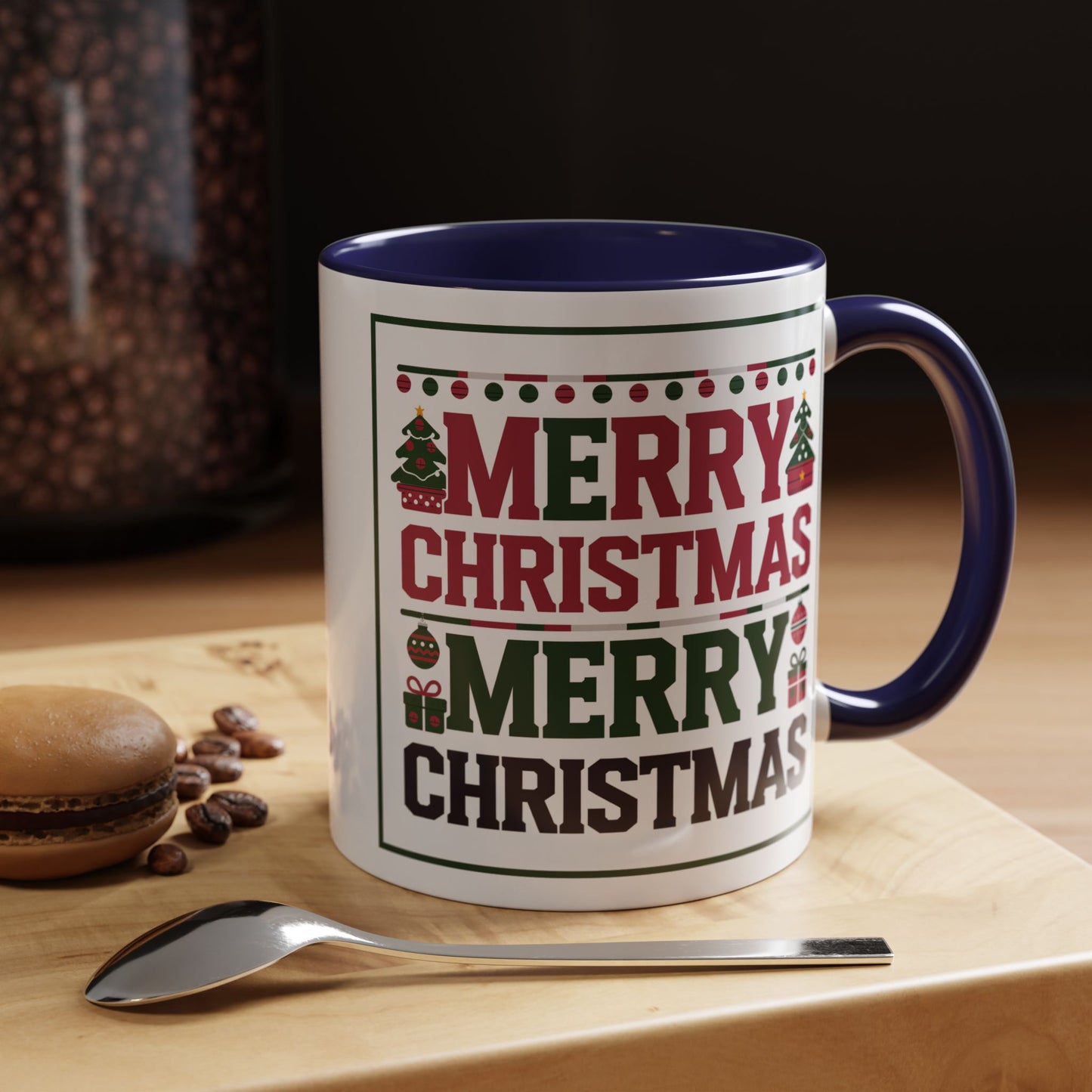 Christmas Mug - Merry Christmas Red Green & Black Text Trees Presents