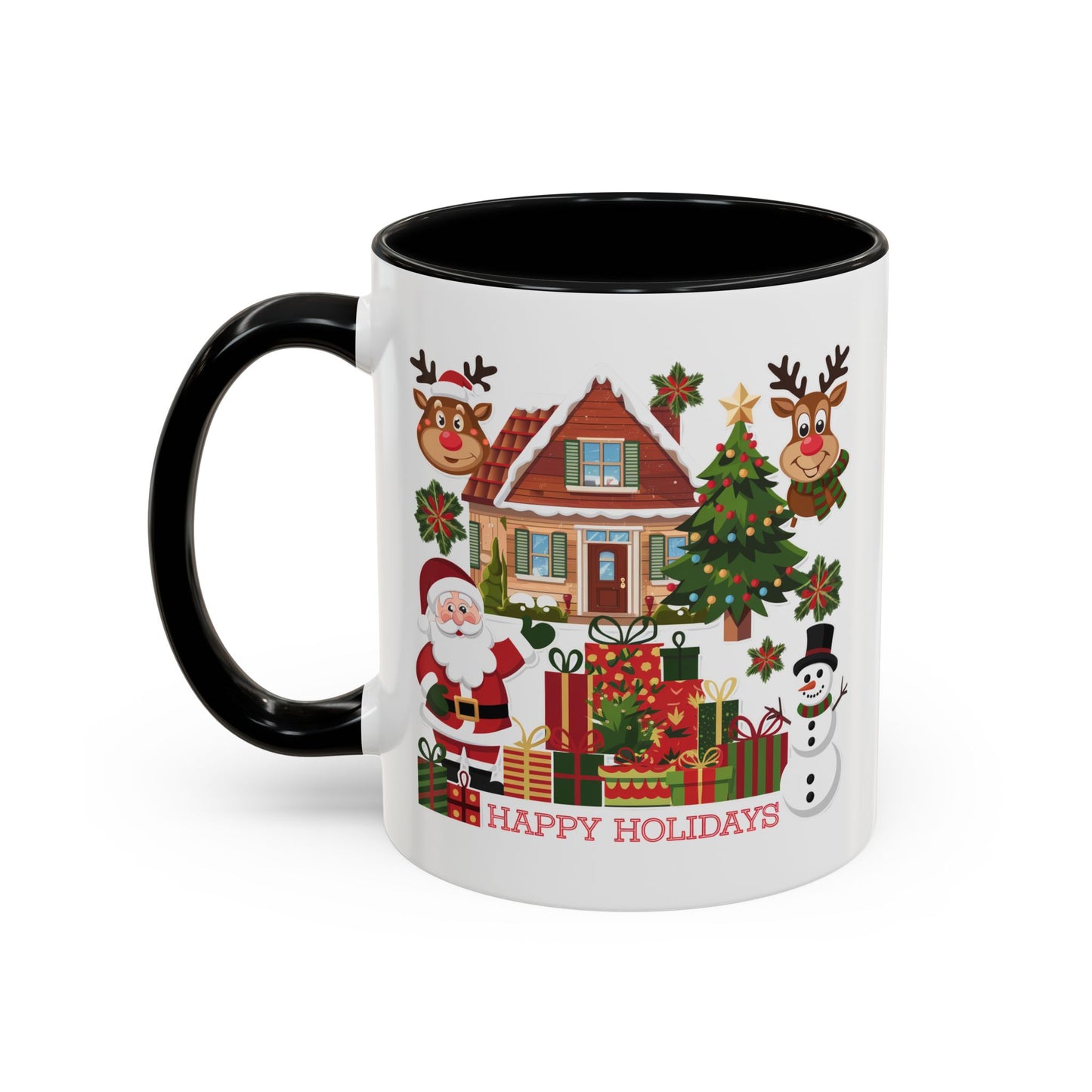 Christmas Mug - Happy Holidays Red Text Reindeer Santa Snowman Presents