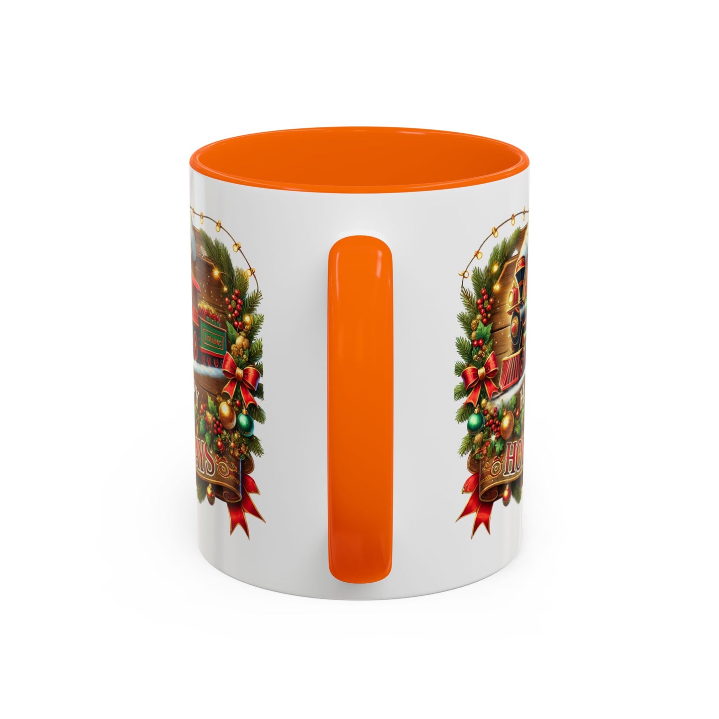 Christmas Mug - Happy Holidays White & Red Text Steam Locomotive