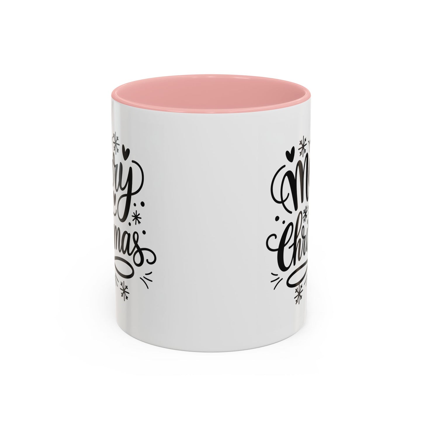 Christmas Mug - Merry Christmas Black Text Tree Snowflakes Hearts