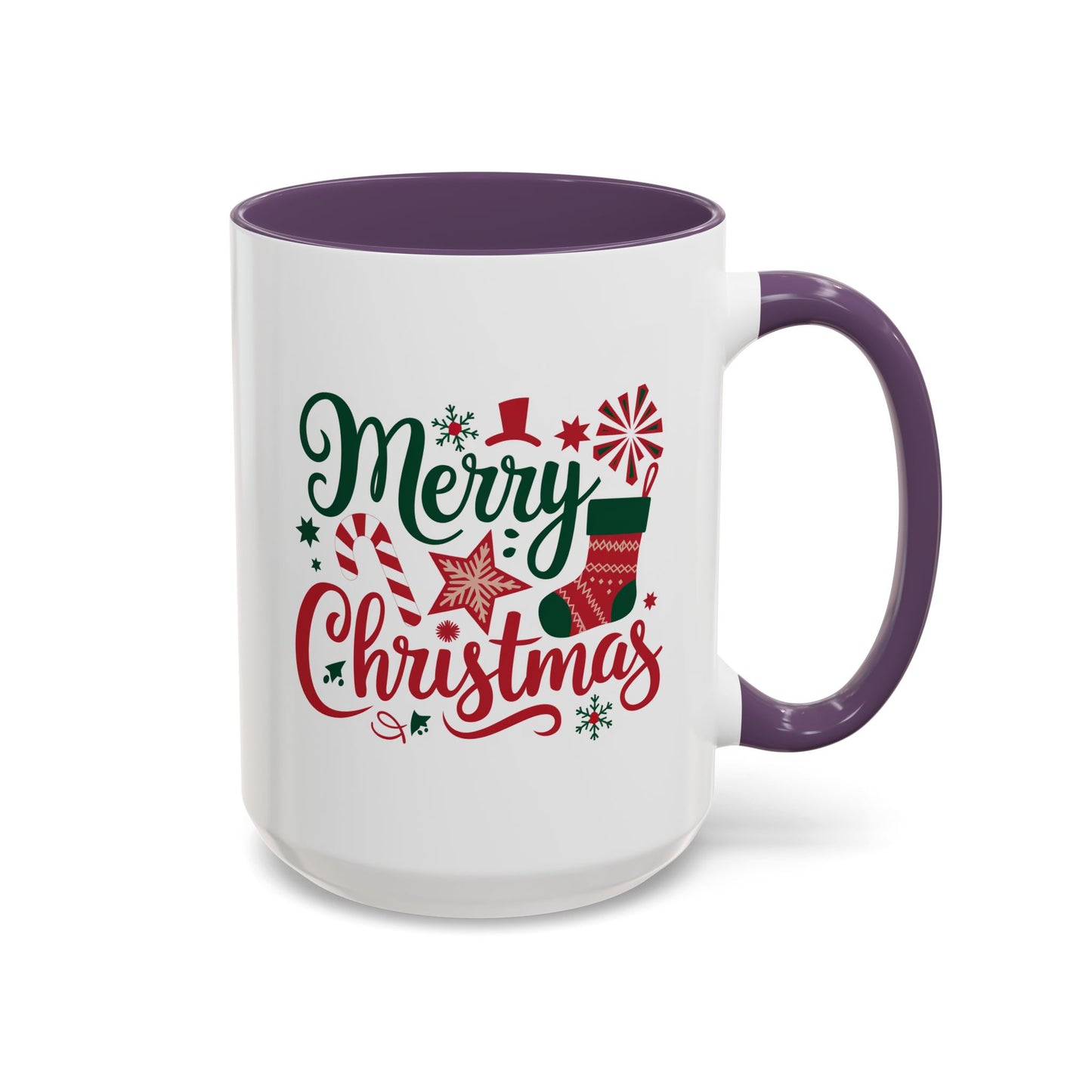 Christmas Mug - Merry Christmas Green & Red Text Star Candy Cane Stocking Snowflake