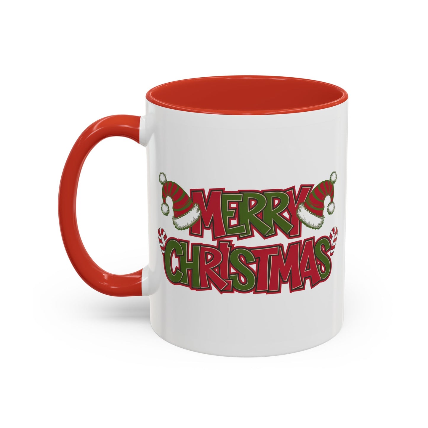 Christmas Mug - Merry Christmas Red & Green Text Hats Candy Canes