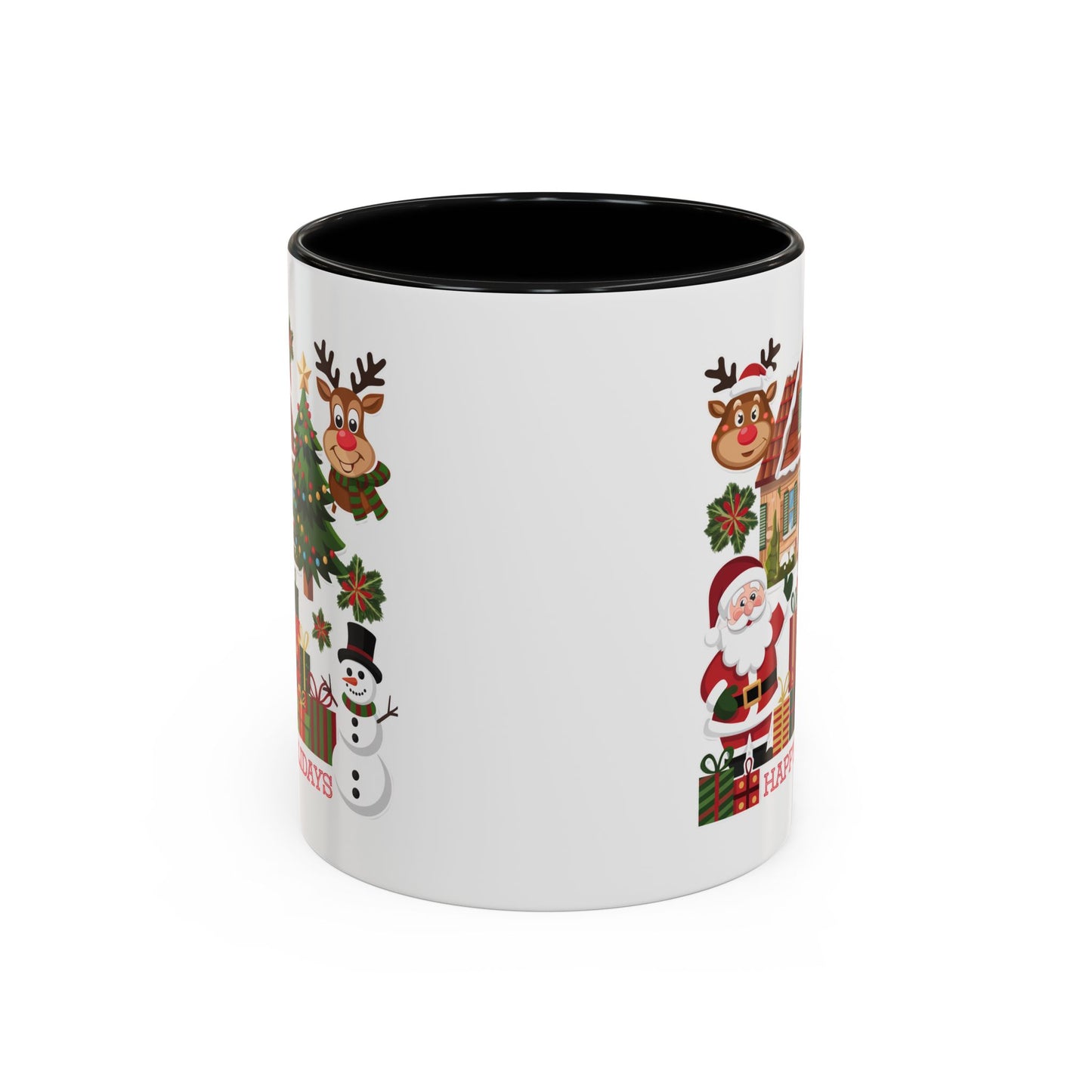 Christmas Mug - Happy Holidays Red Text Reindeer Santa Snowman Presents