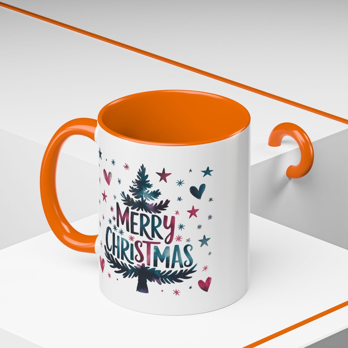 Christmas Mug - Merry Christmas Maroon & Blue Text Tree Hearts Stars