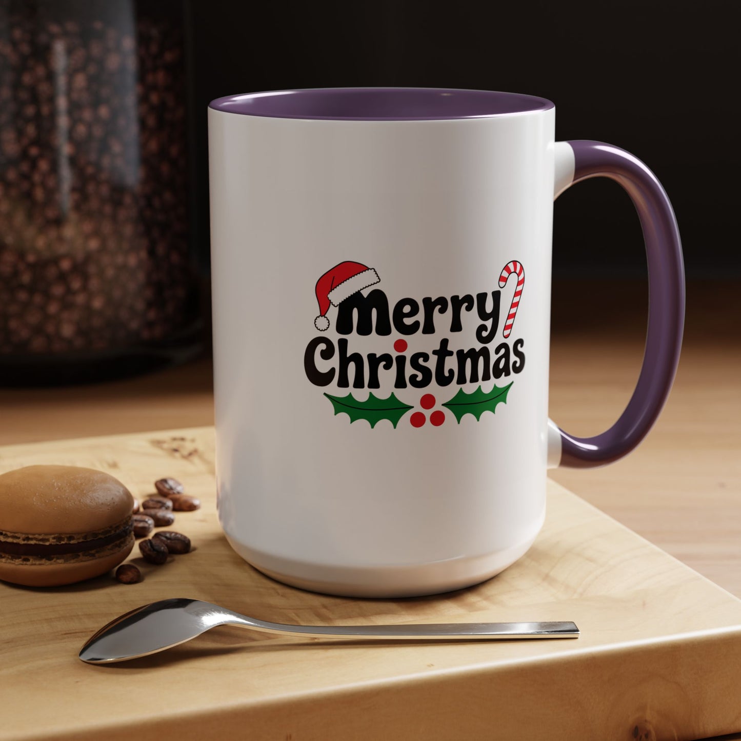 Christmas Mug - Merry Christmas Black Text Hat Cane Misletoe