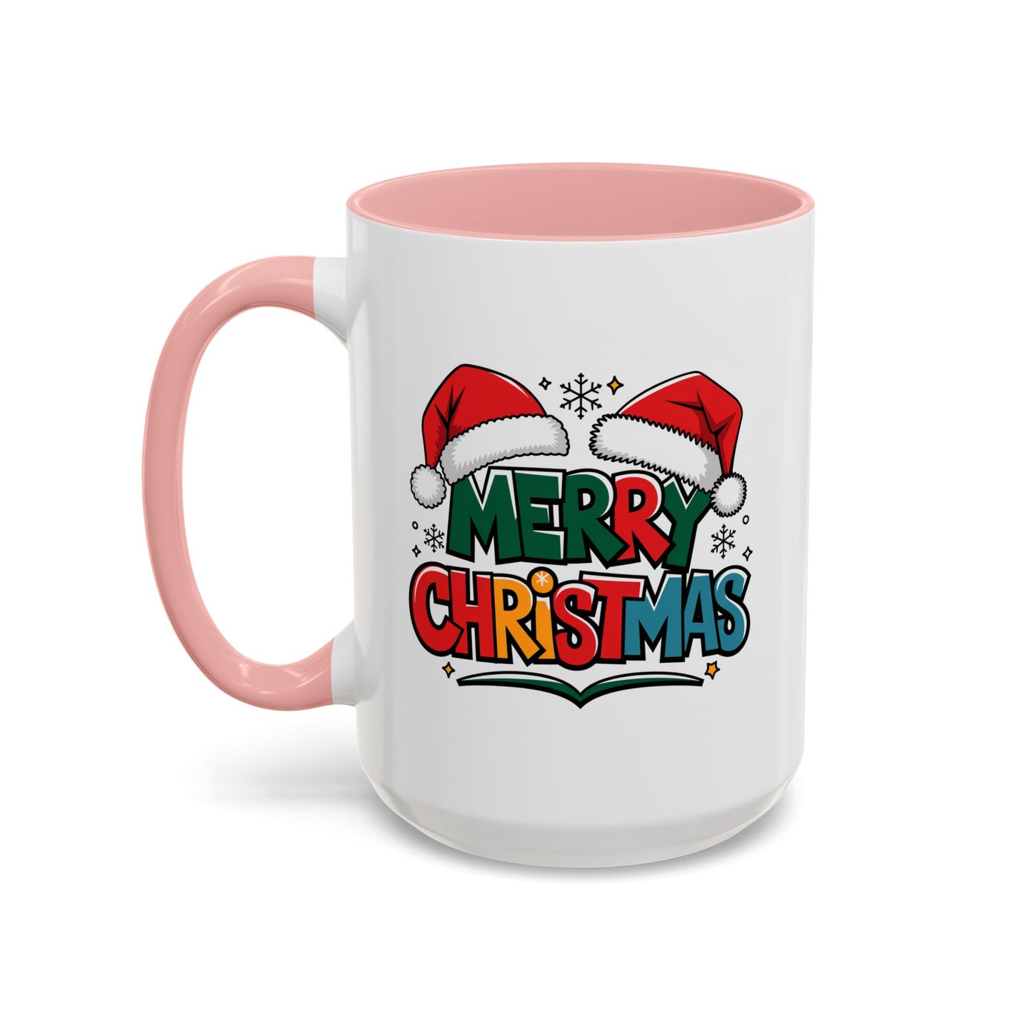 Christmas Mug - Merry Christmas Green Red Yellow and Blue Text Red Hats