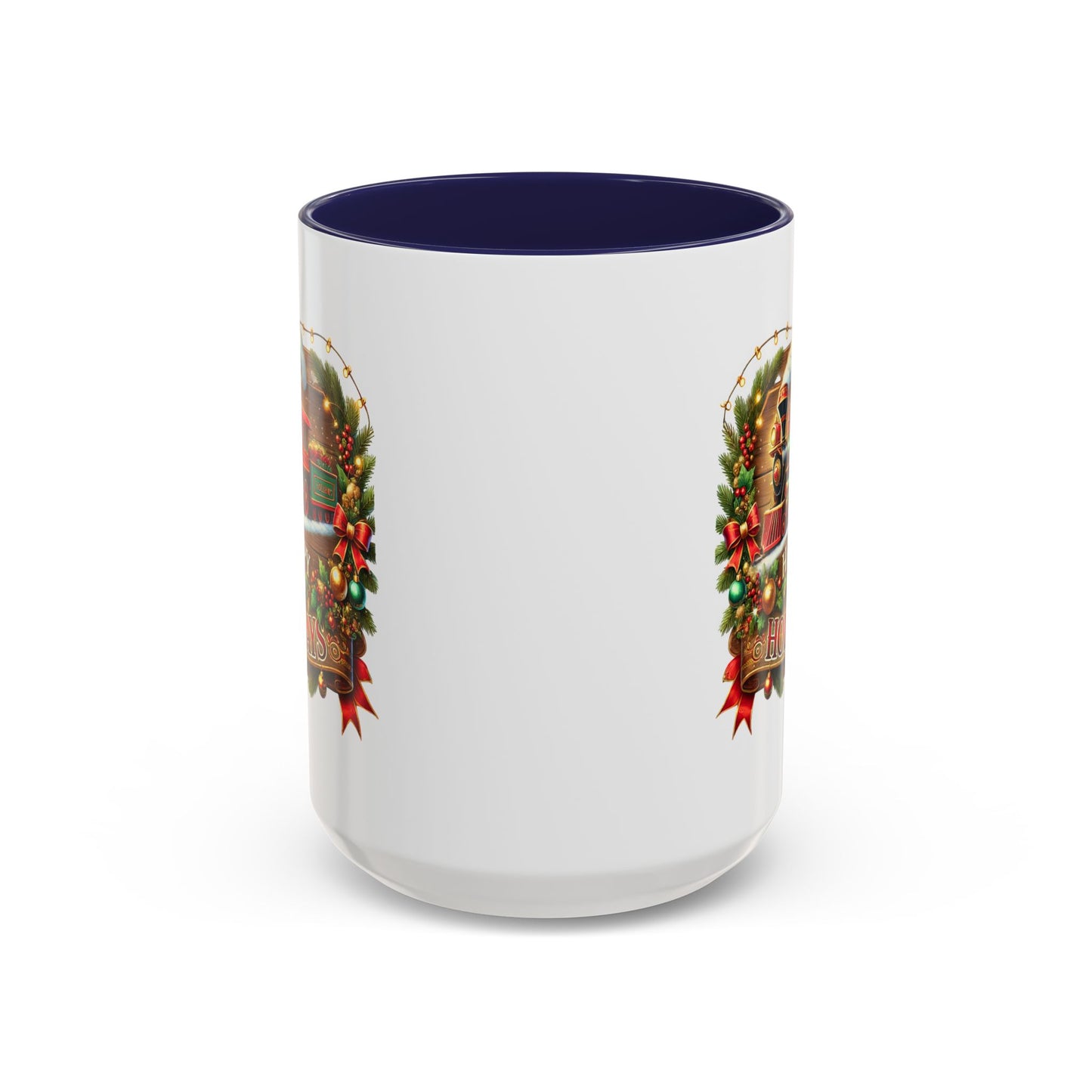 Christmas Mug - Happy Holidays White & Red Text Steam Locomotive