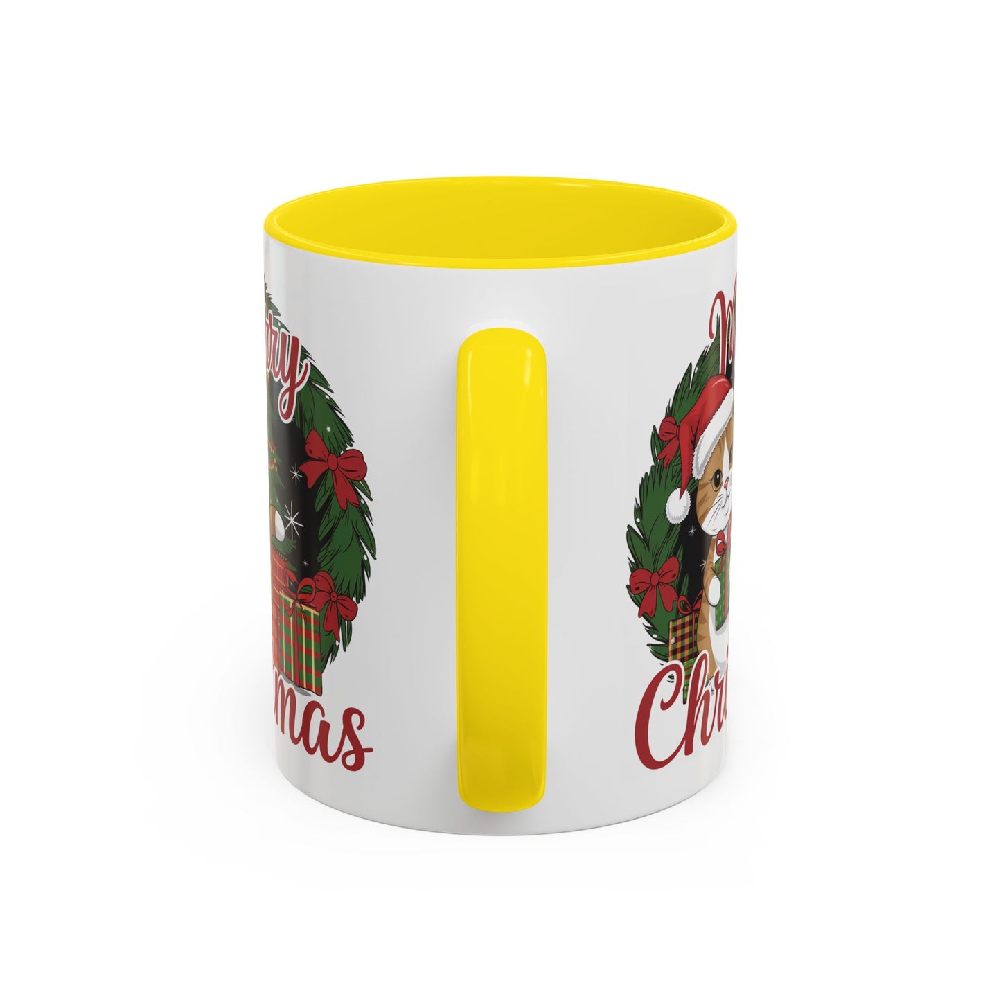 Christmas Mug - Merry Christmas Red Text Cat Presents Wreath