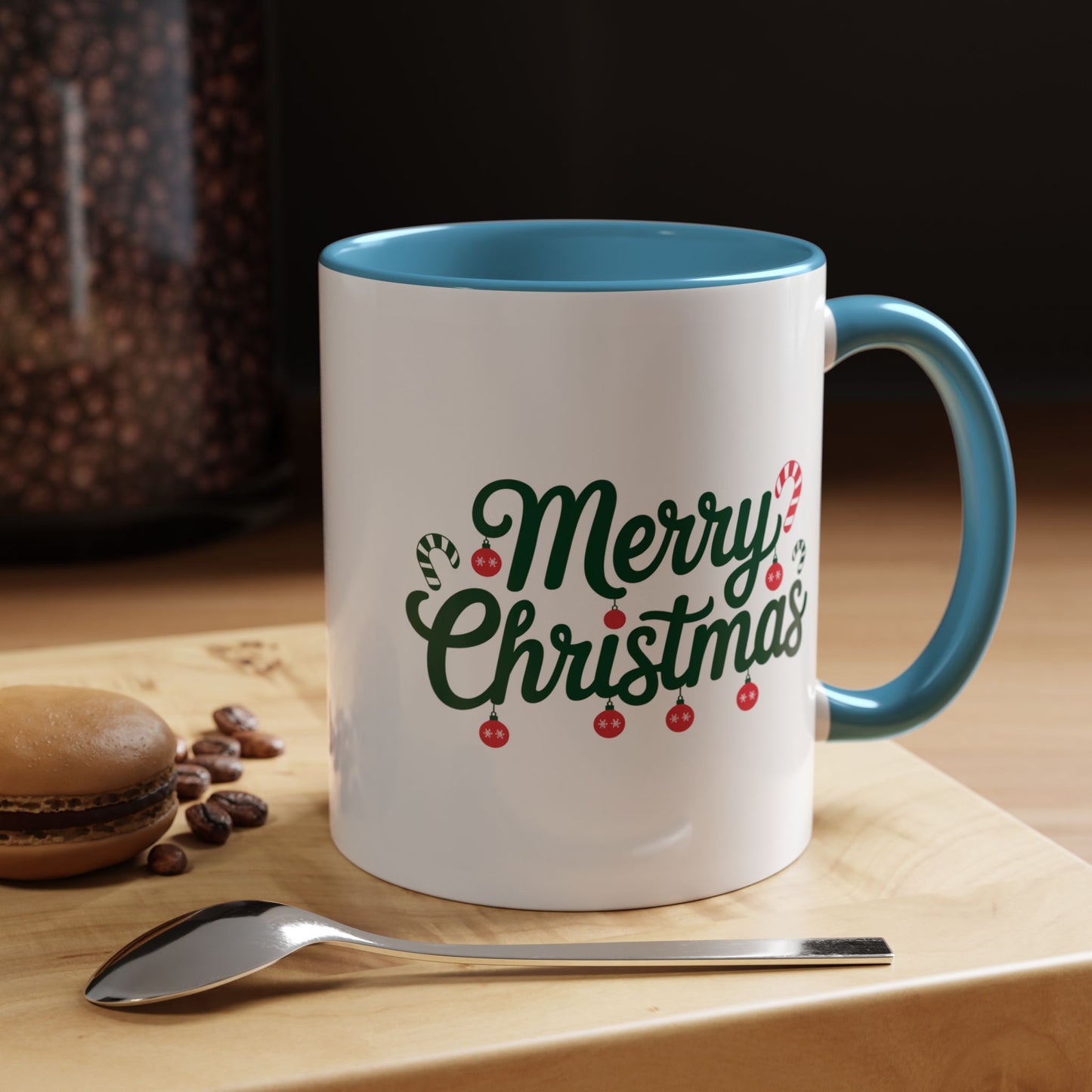 Christmas Mug - Merry Christmas Green Text Ornaments Candy Canes