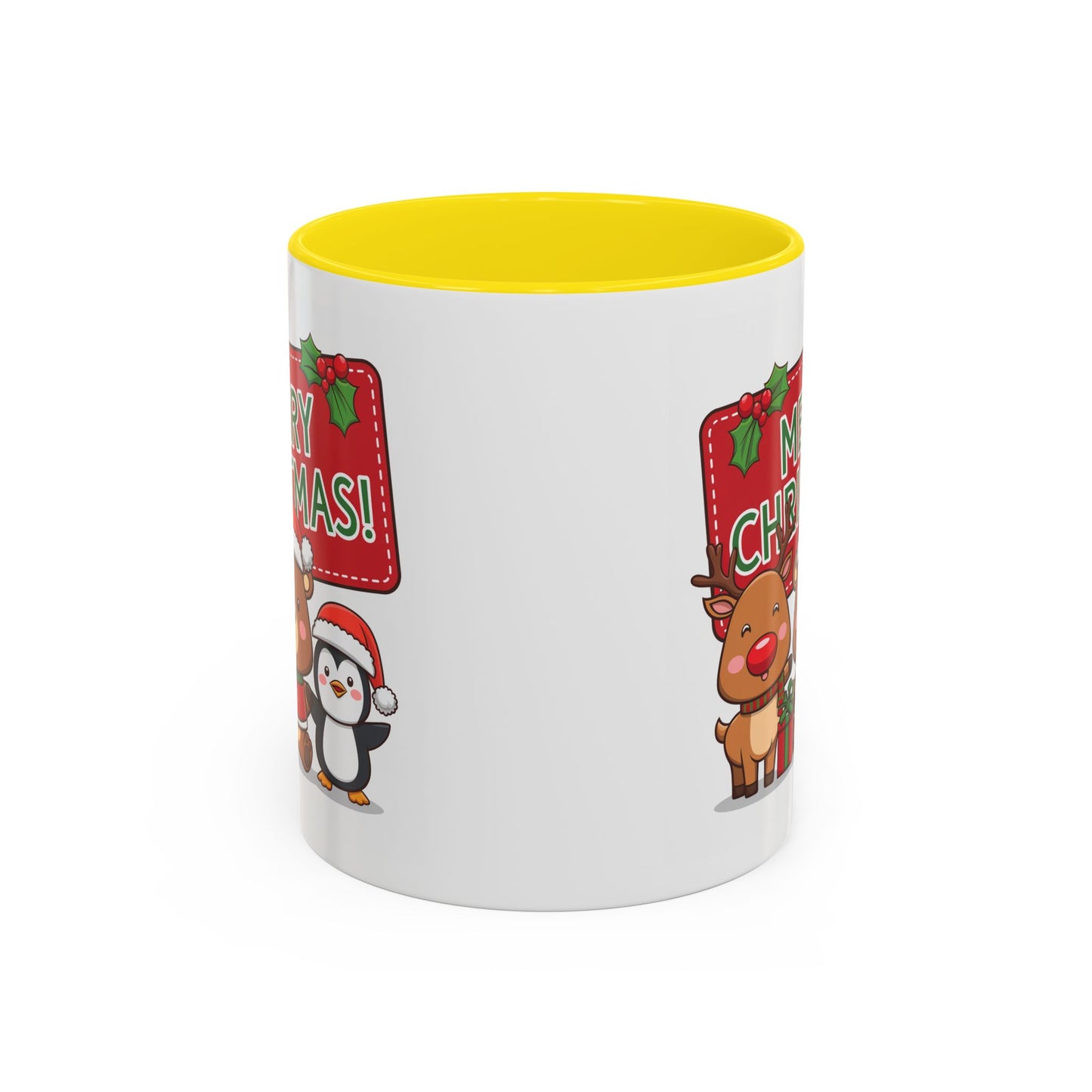 Christmas Mug - Green Text Red Banner Reindeer Bear Penguin