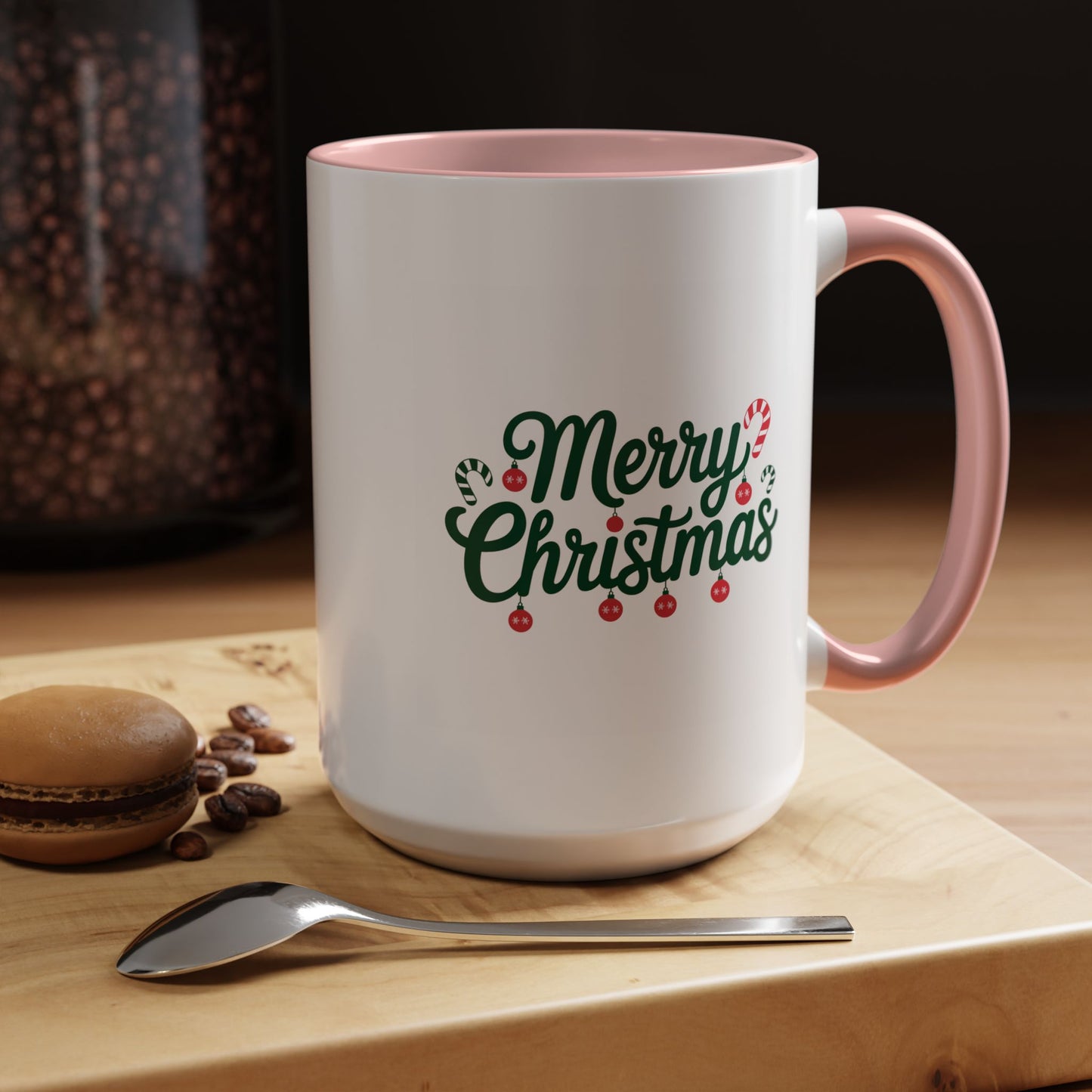 Christmas Mug - Merry Christmas Green Text Ornaments Candy Canes