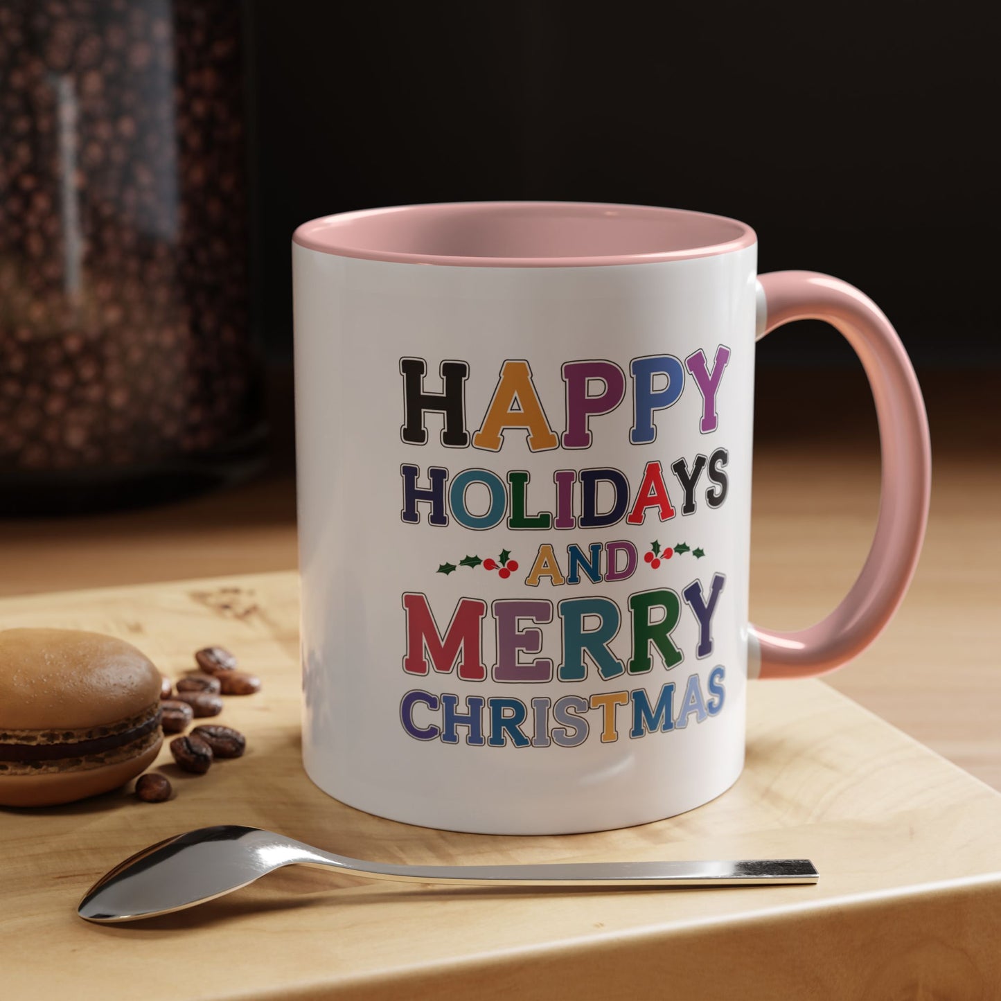 Christmas Mug - Happy Holidays and Merry Christmas Blue Yellow Purple Orange Red Text