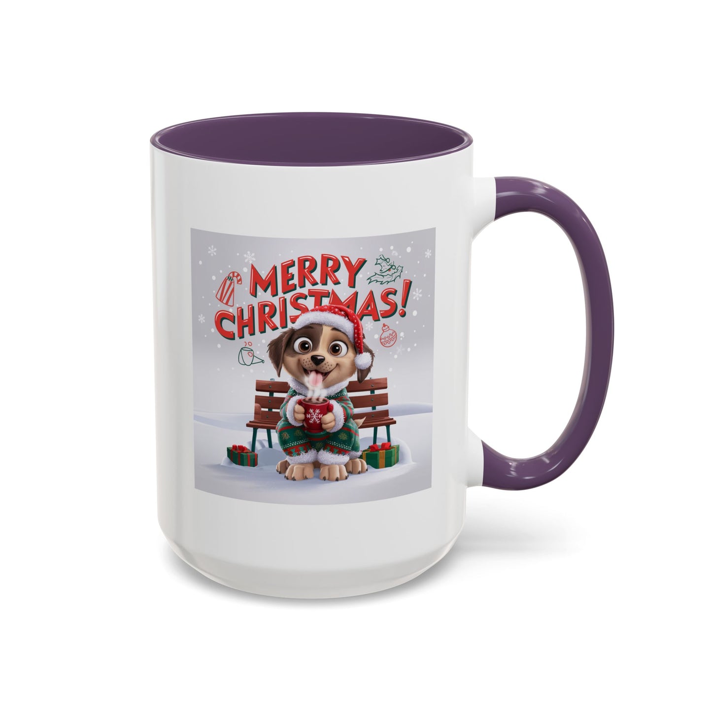 Christmas Mug - Merry Christmas Red Text Puppy Green Top