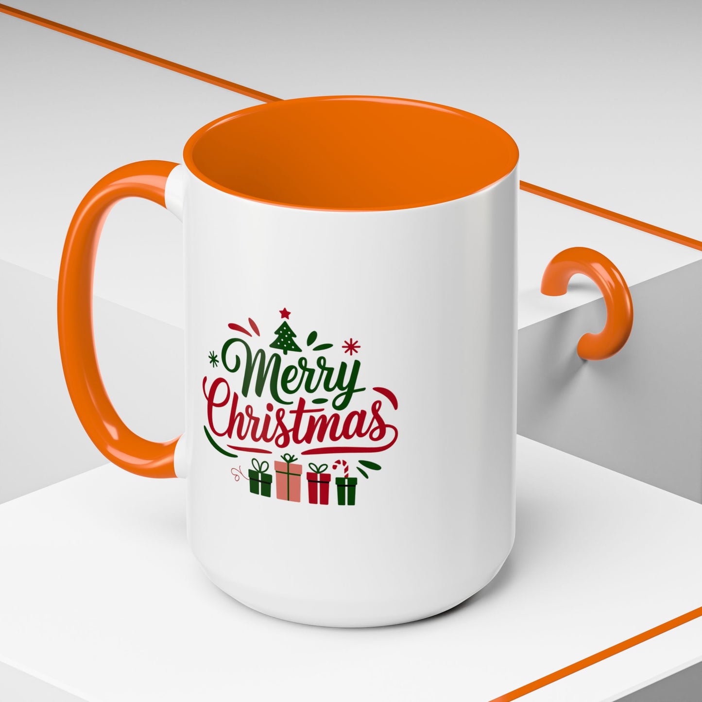 Christmas Mug - Merry Christmas Green & Red Text Tree Snowflakes Presents
