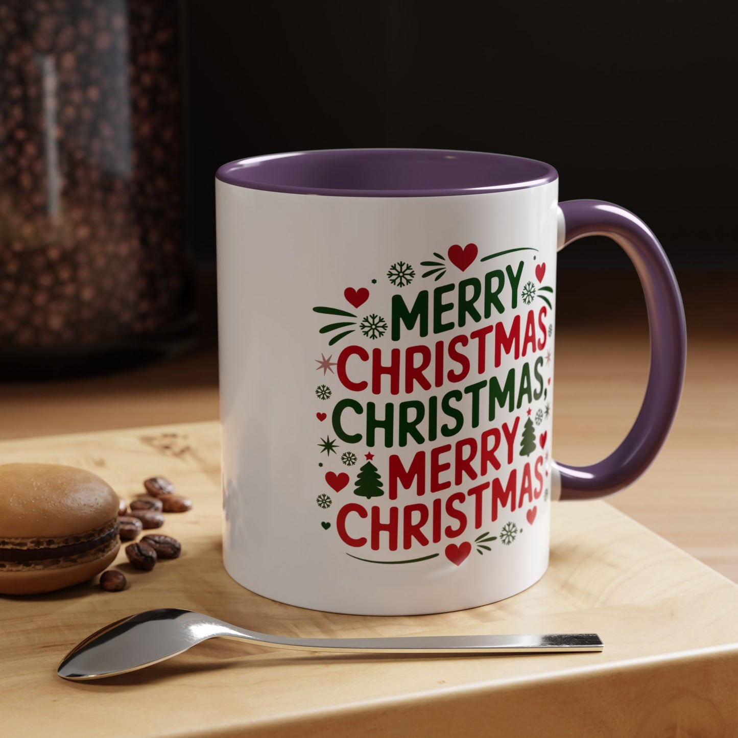 Christmas Mug - Merry Christmas Green & Red Text Trees Hearts Snowflakes Stars