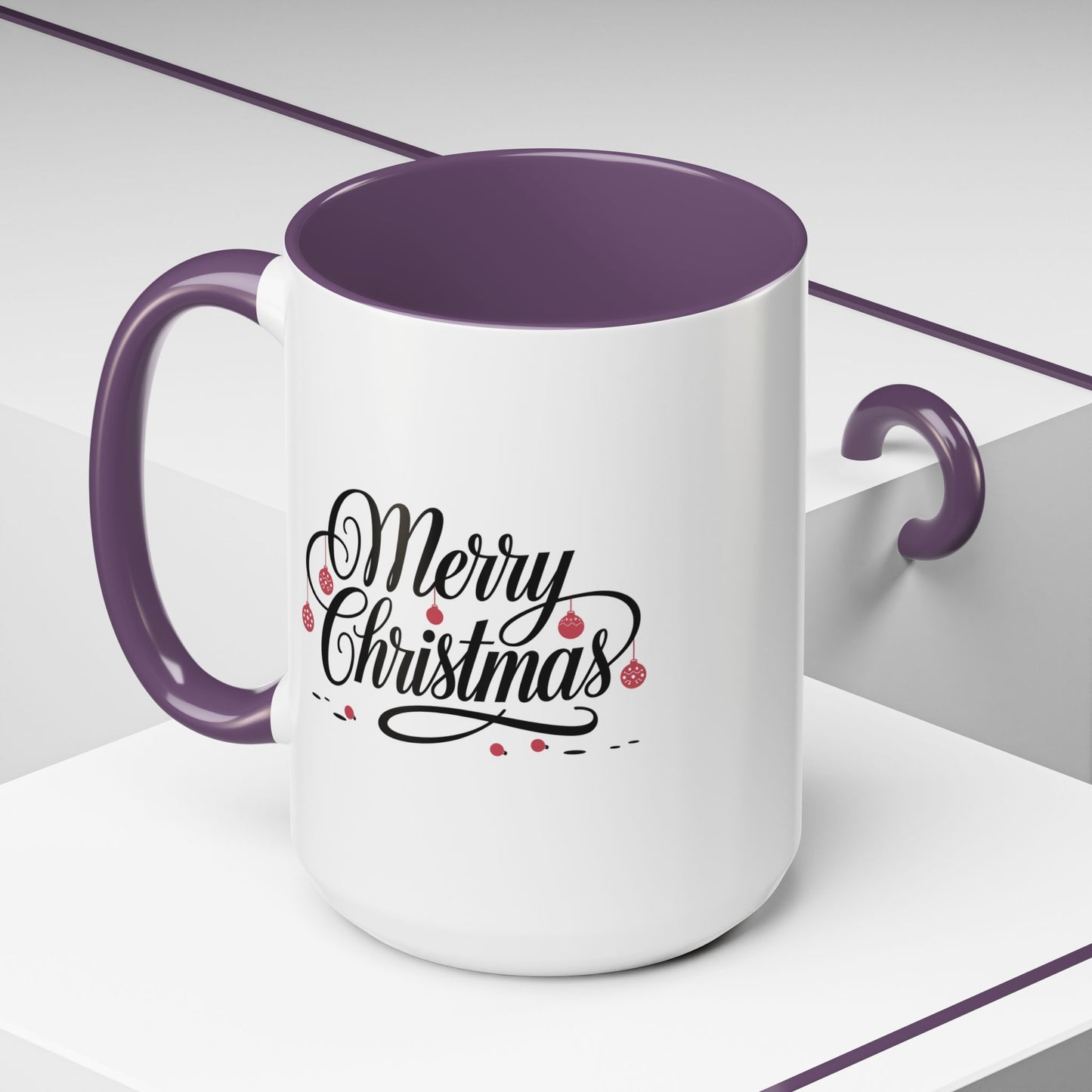 Christmas Mug - Merry Christmas Black Text Red Ornaments
