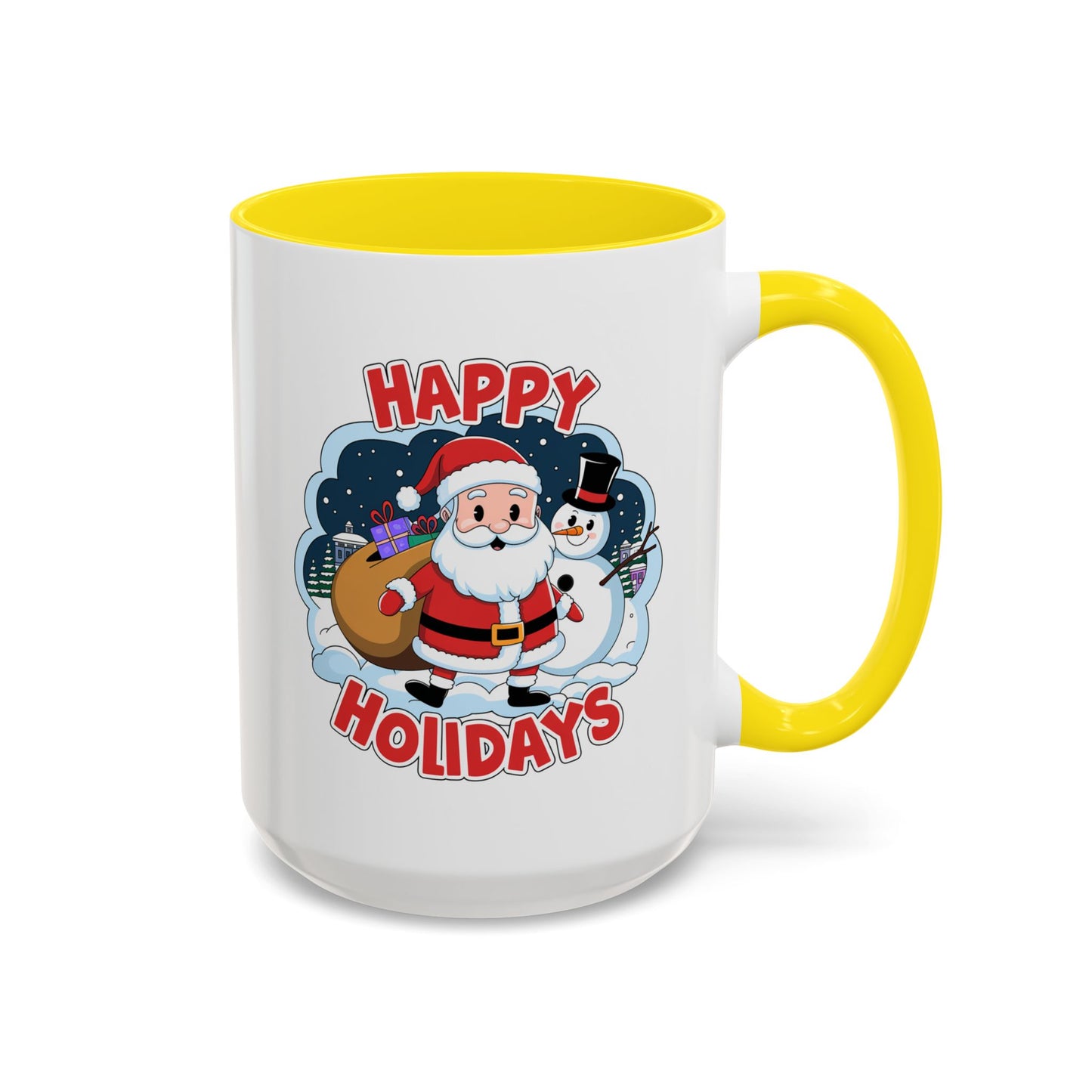 Christmas Mug - Happy Holidays Red & White Text Santa Snowman